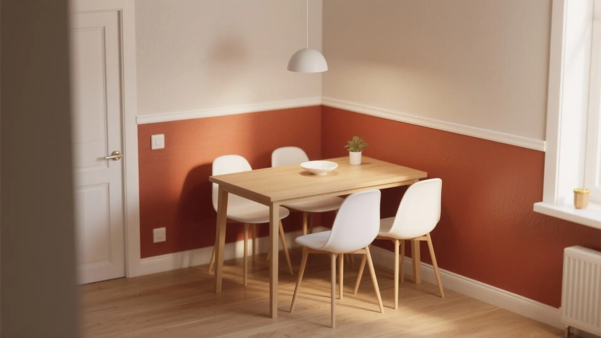 Dining area with wooden table four white chairs red wall panel and white dome light fixture