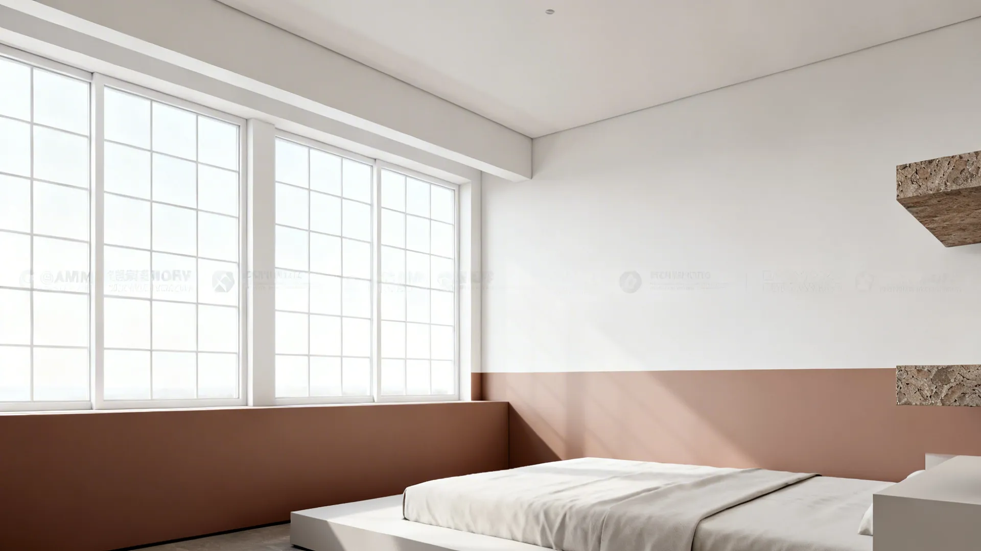 Bedroom with lower soft-brown wall band and upper white walls creating visual height.