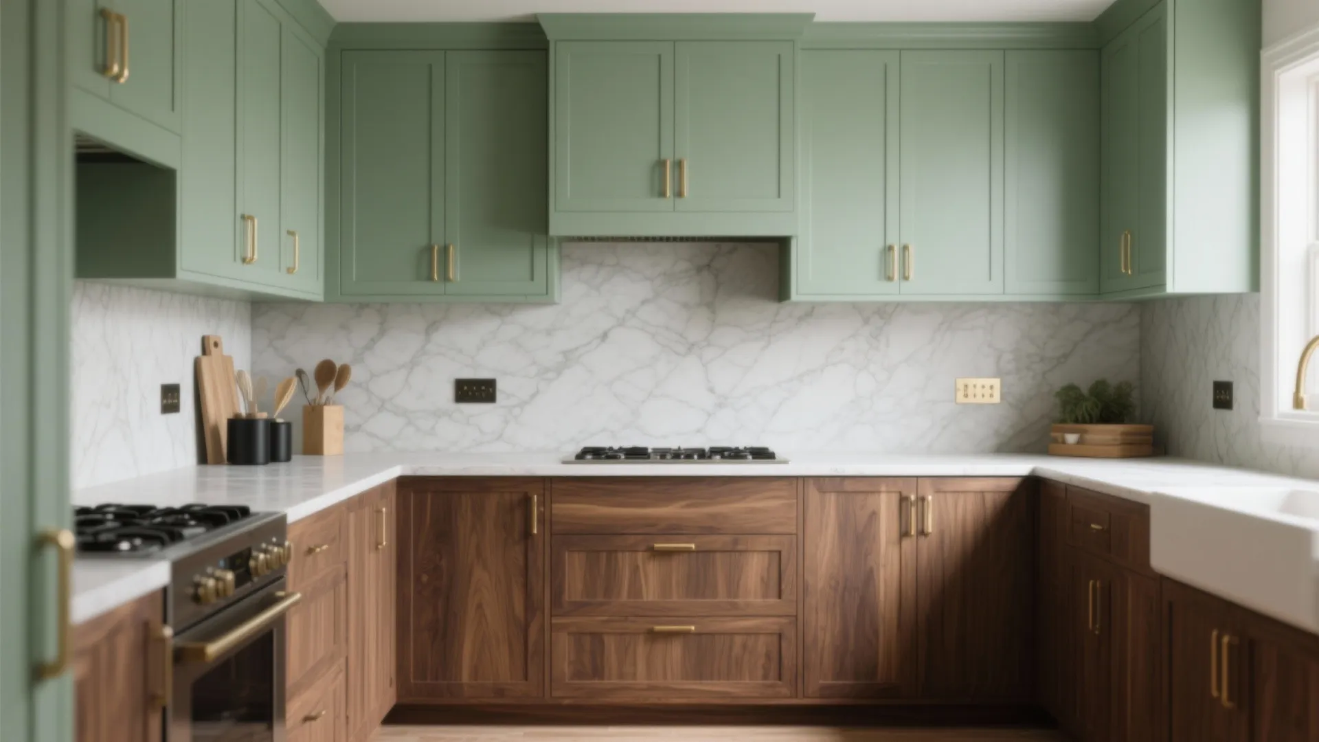 Two-tone kitchen with walnut lower cabinets and sage-green painted uppers under soft daylight.