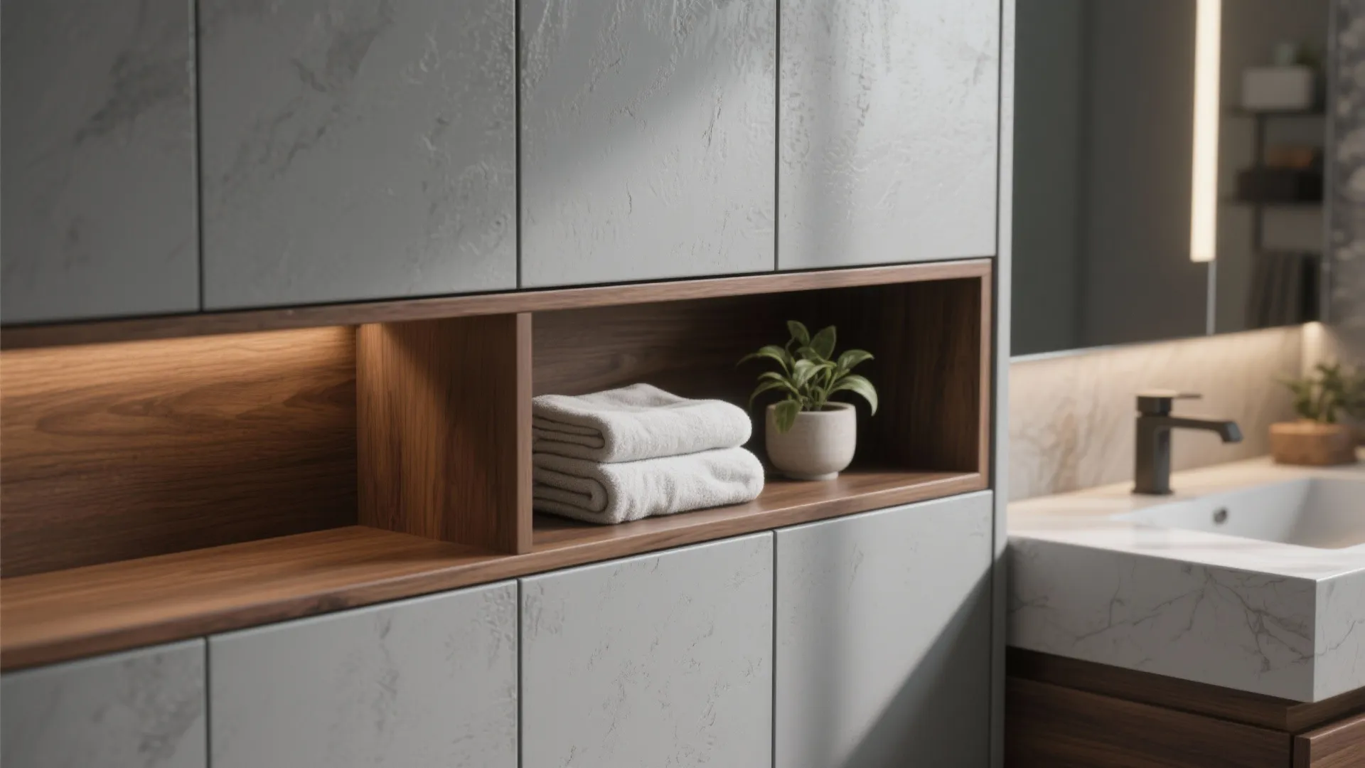2. Two-tone gray vanity with walnut accents