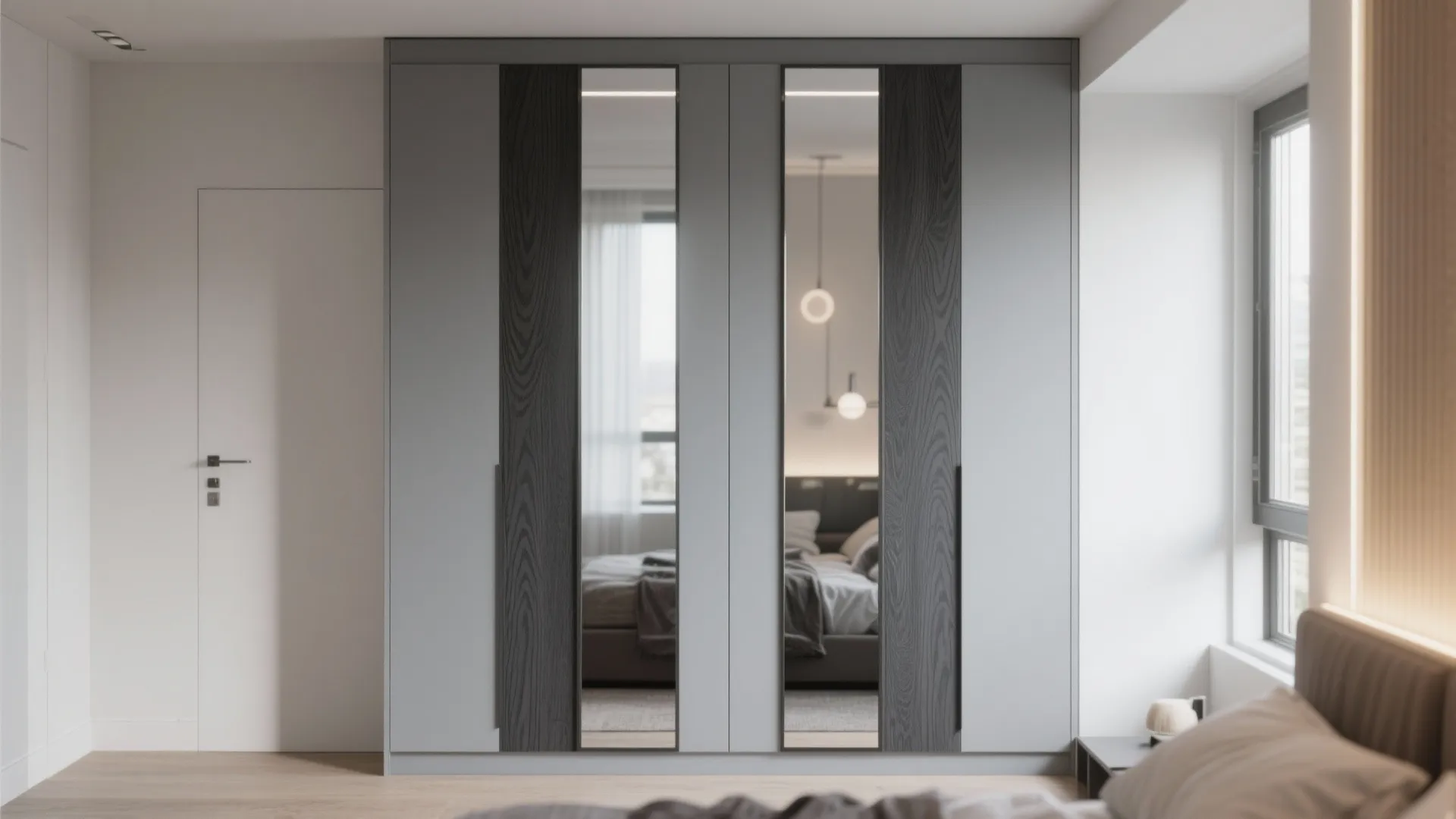 2. Two-tone grey wardrobe with mirrored panels