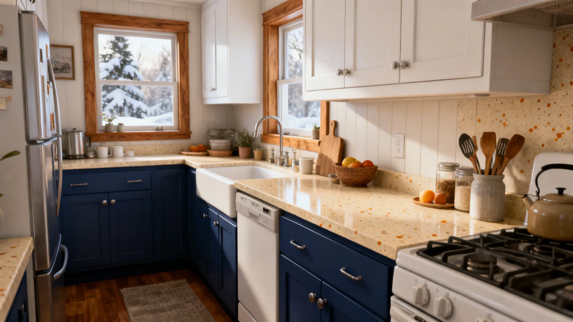 Small kitchen with ink blue lower cabinets, white uppers, and warm beige quartz.