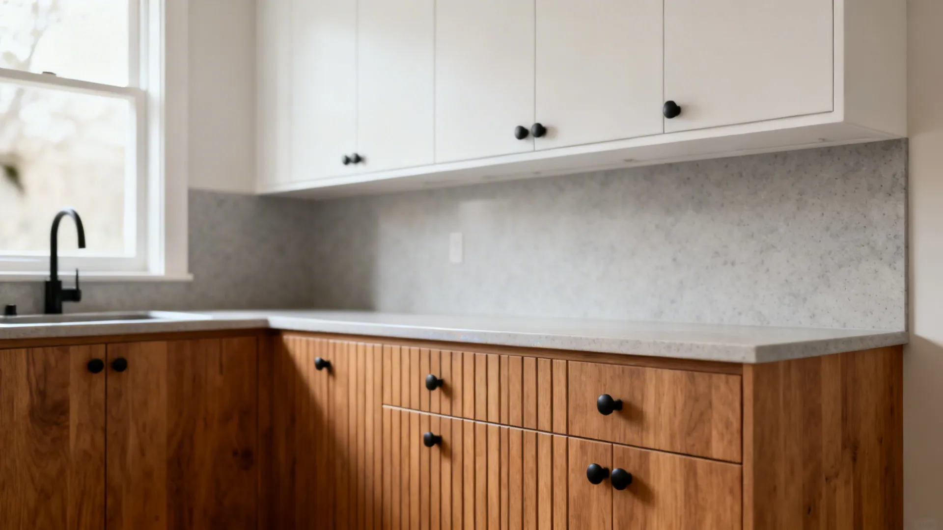 Two-tone kitchen with wooden lower cabinets and white upper cabinets featuring black knobs and window