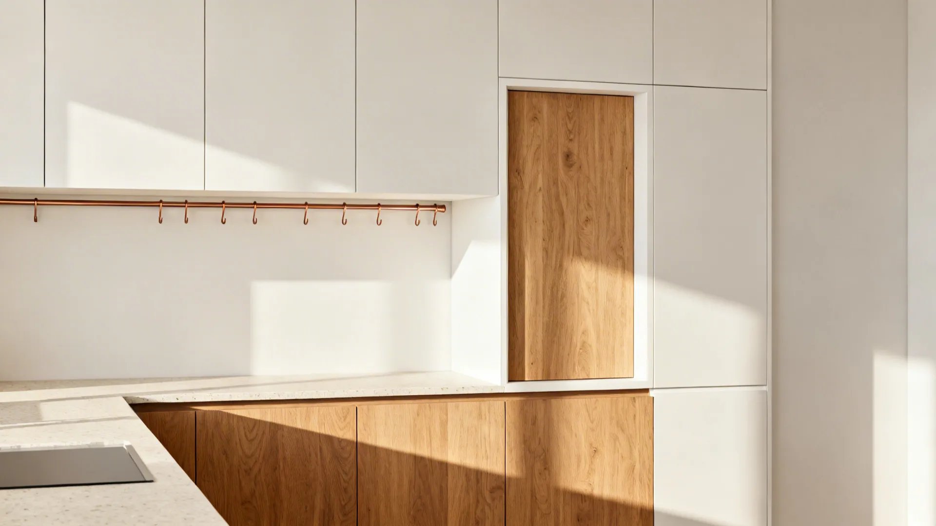 Two-tone small kitchen with soft white uppers and warm rift oak base cabinets.