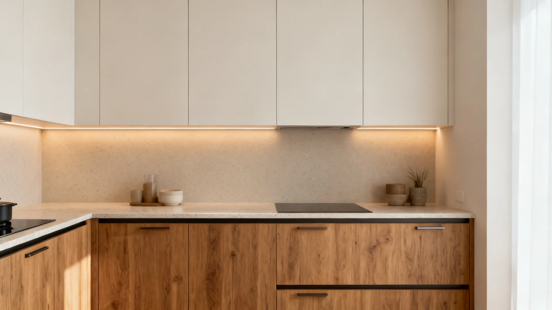 Two-tone kitchen with matte light uppers and warm wood lower cabinets under soft daylight.