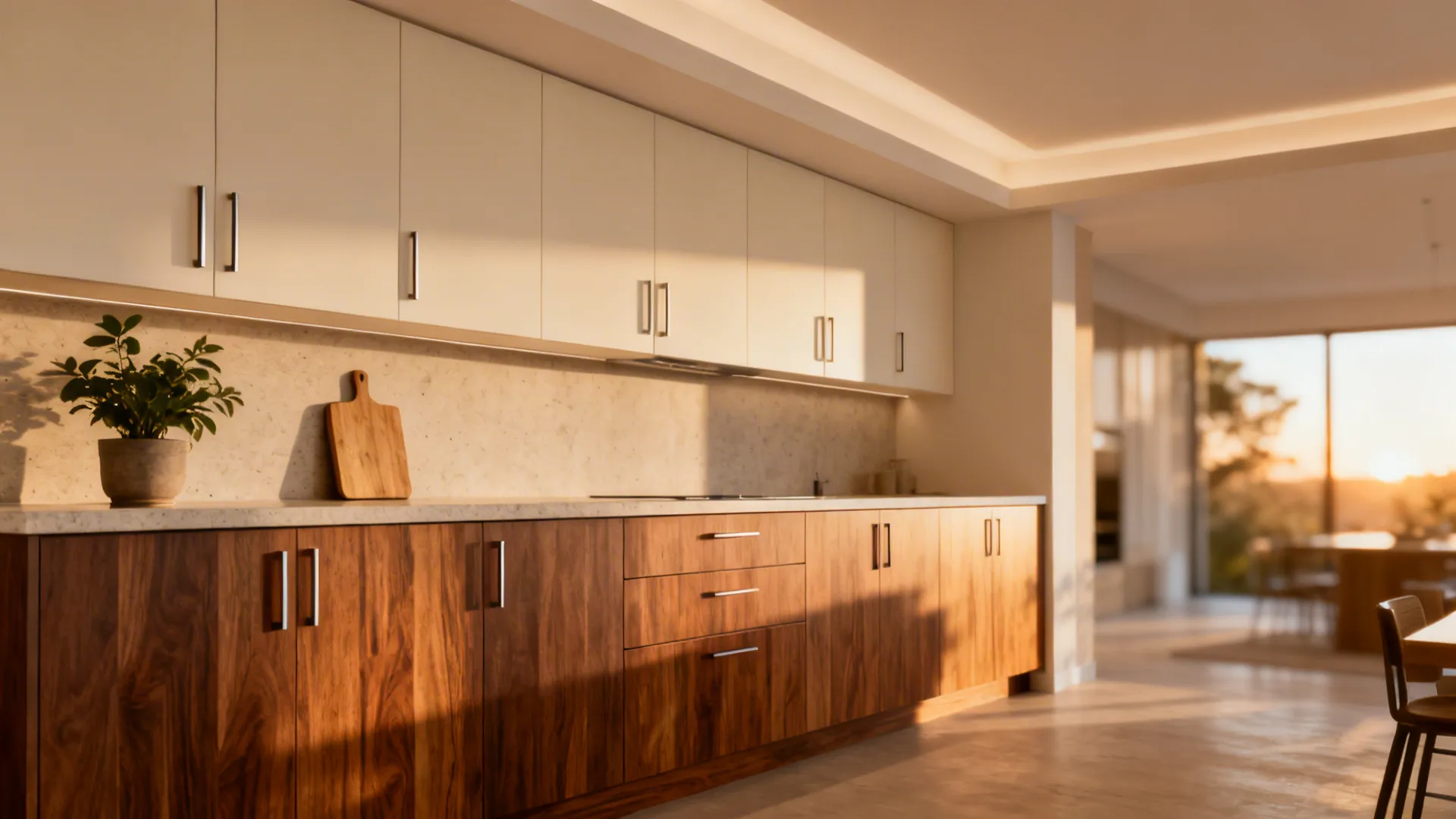 Modern kitchen with warm walnut base cabinets and light sand uppers creating a spacious feel.