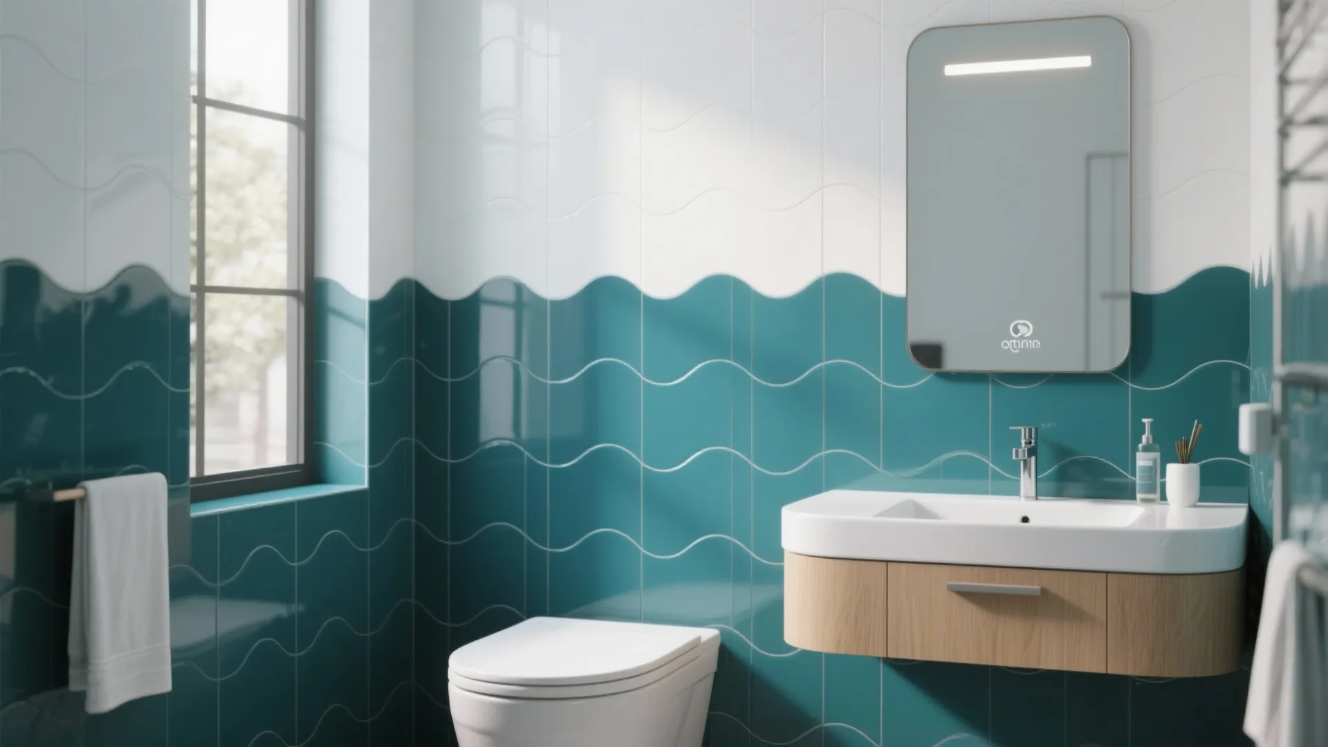 Bathroom wall featuring blue and white wave tiles above a wooden sink cabinet and mirror