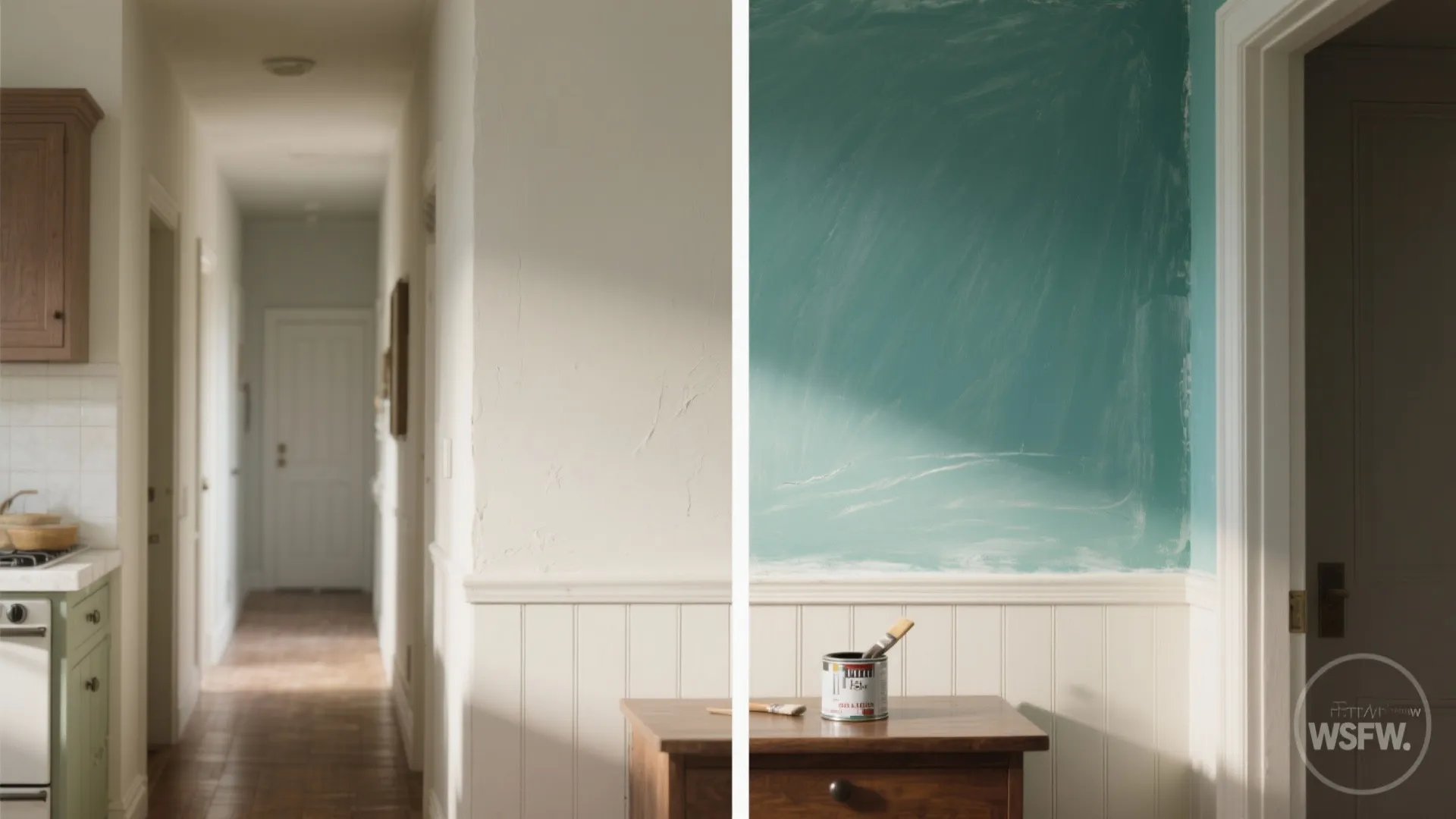Before and after comparison of white hallway versus teal painted wall with white wall panel