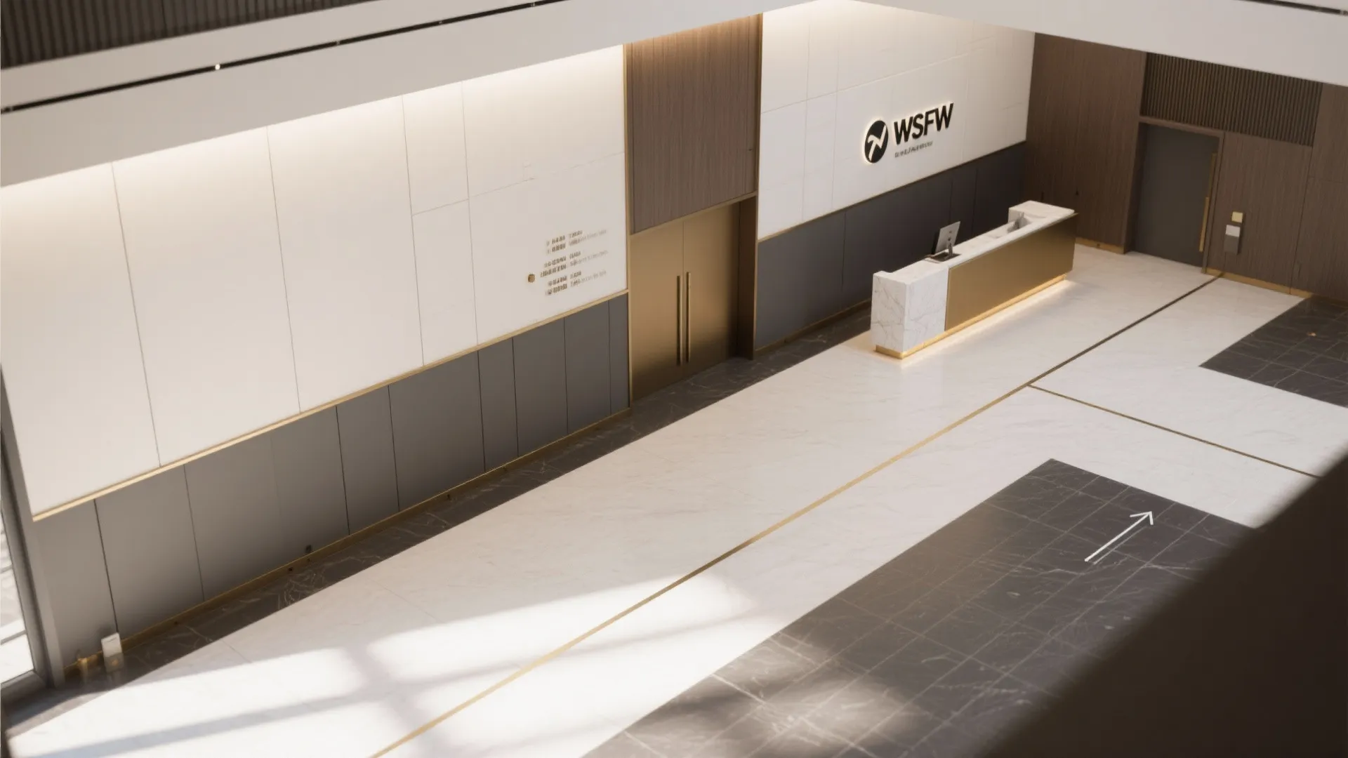 Modern office lobby with white marble floor grey wall panels golden doors and reception desk