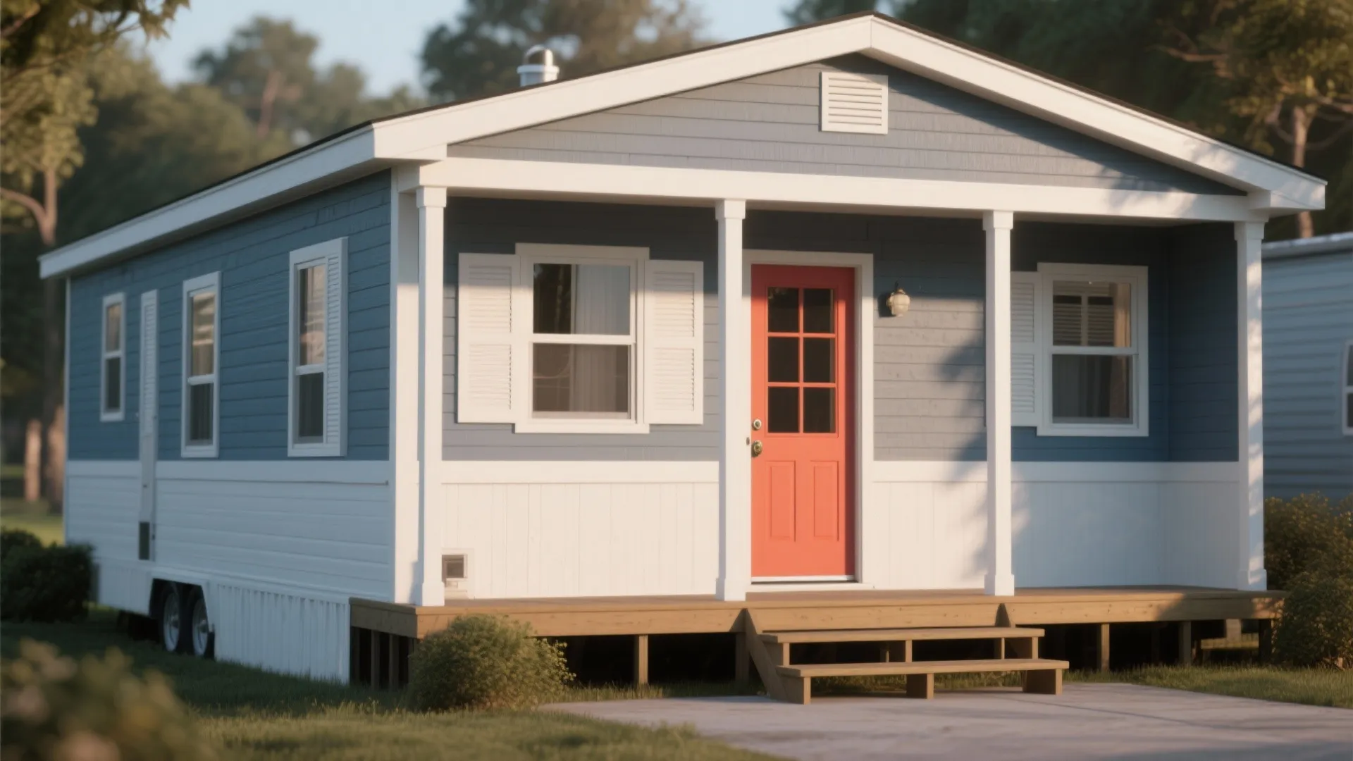 Blue and white small house with bright red door and white windows on green grass