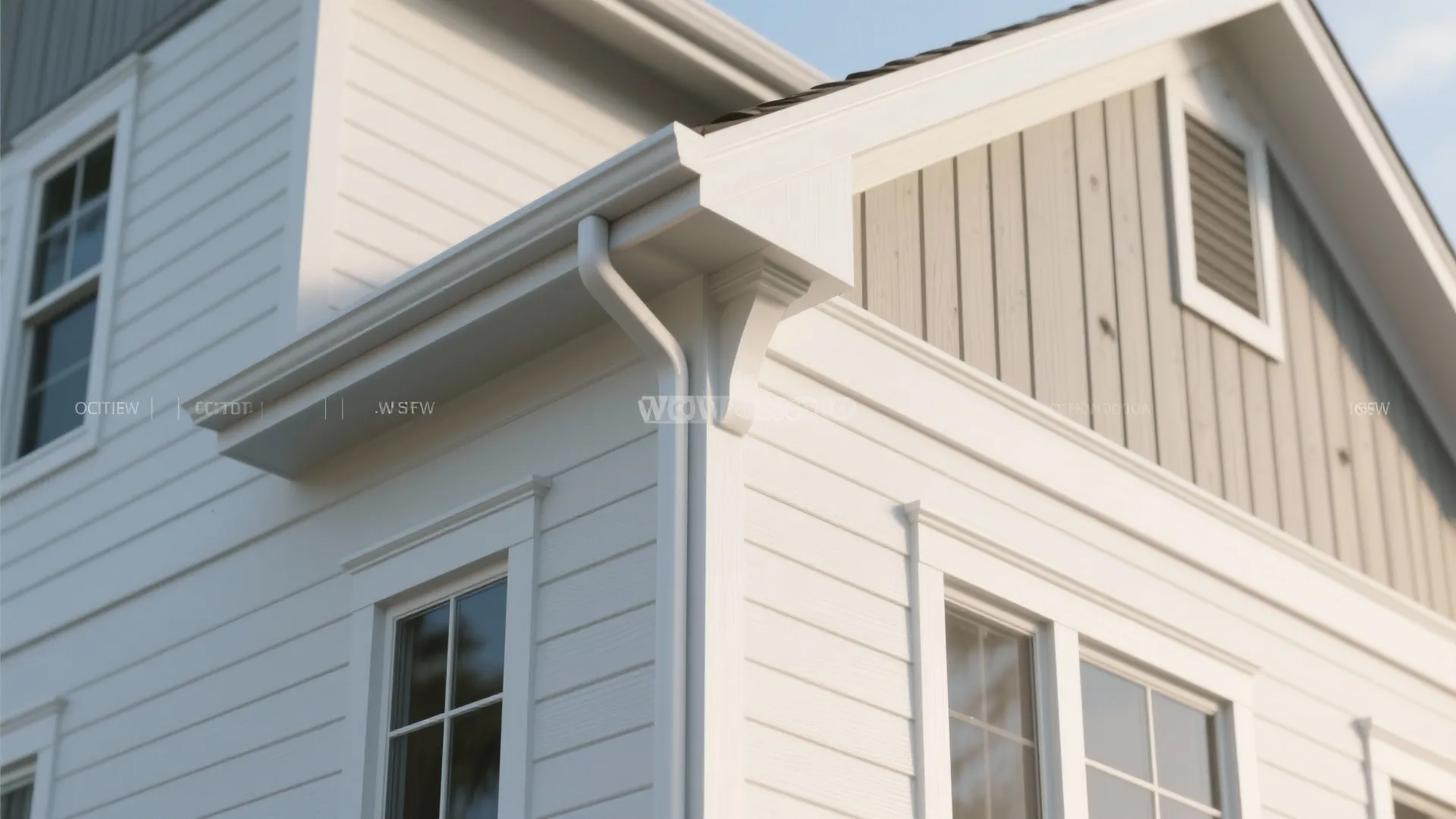 Close up of white house exterior showing wall panel design with windows and gutter system