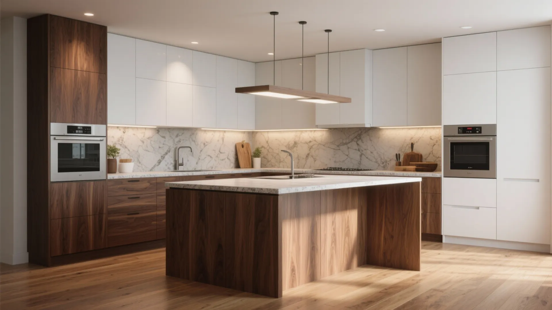 3. Two-tone approach: white upper cabinets, stained wood base cabinets