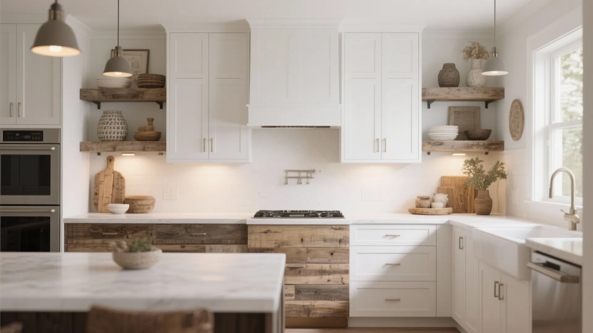 Two-tone white kitchen with reclaimed wood open shelving adding warmth and texture.