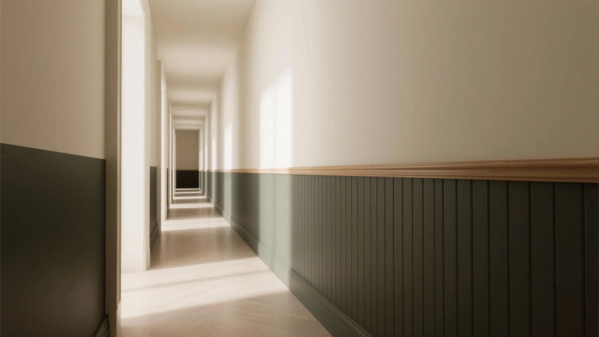 Long hallway featuring dark green wall panel design white upper walls and warm natural sunlight