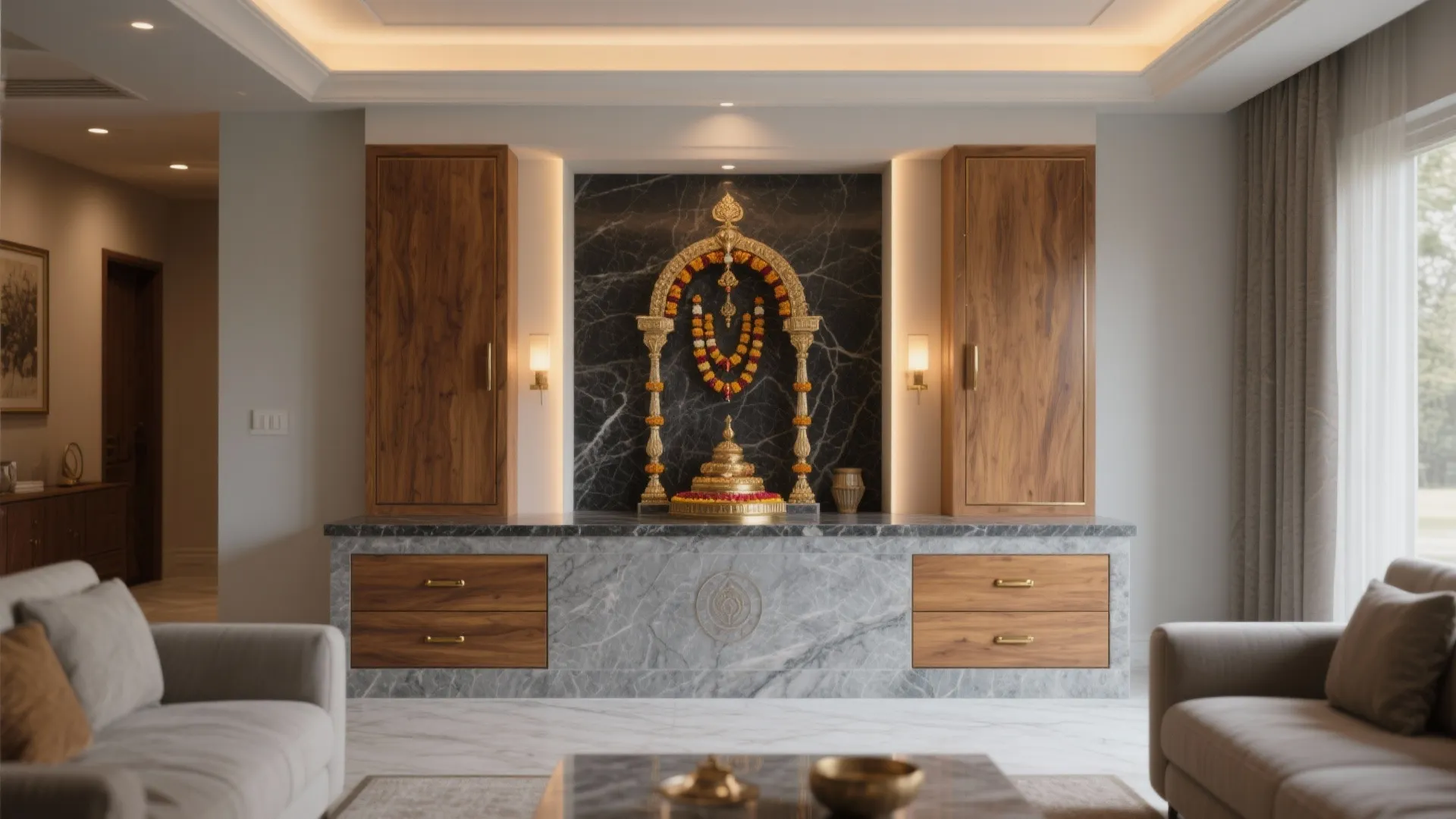 Living room featuring a marble cabinet with wooden drawers and a gold decorative wall arch