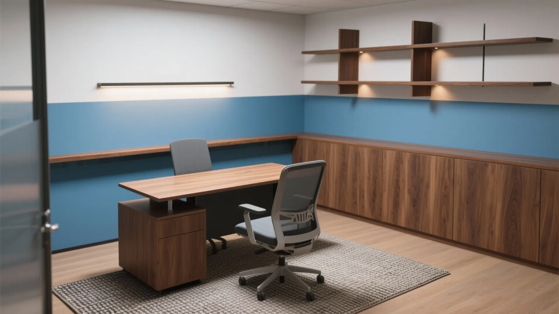 Modern office room with wooden desk grey chairs blue wall panel and wooden wall storage cabinets