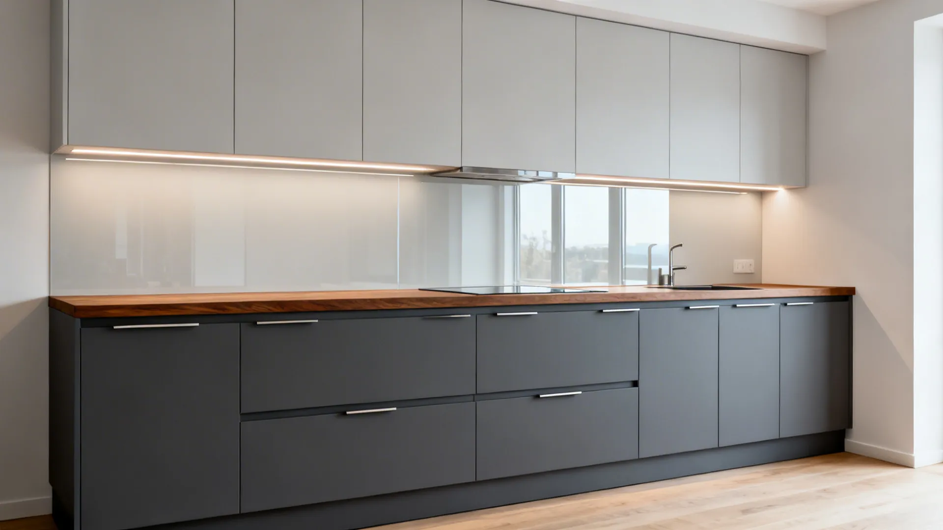 Two-tone kitchen with light uppers, deep-grey lowers, and a mid-brown wood countertop.