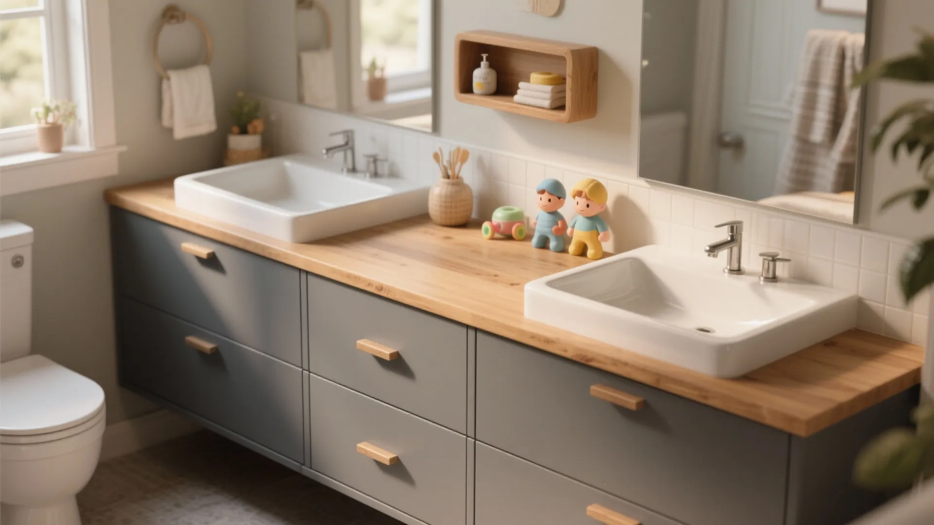 Double bathroom vanity with grey cabinets wood countertop white sinks and cute toys for children