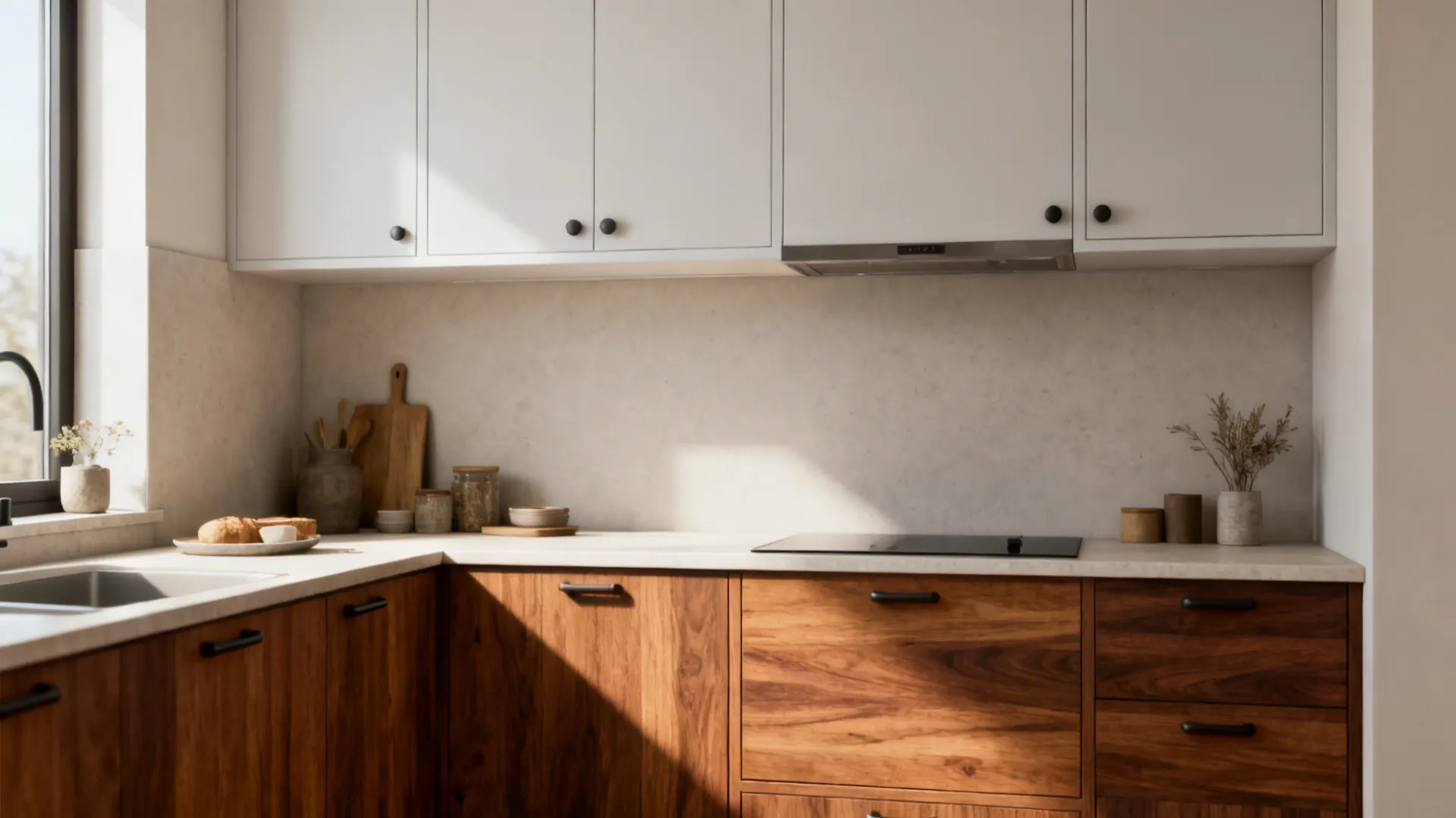 Small kitchen with warm wood base cabinets and light upper cabinets creating a lifted, cozy look.