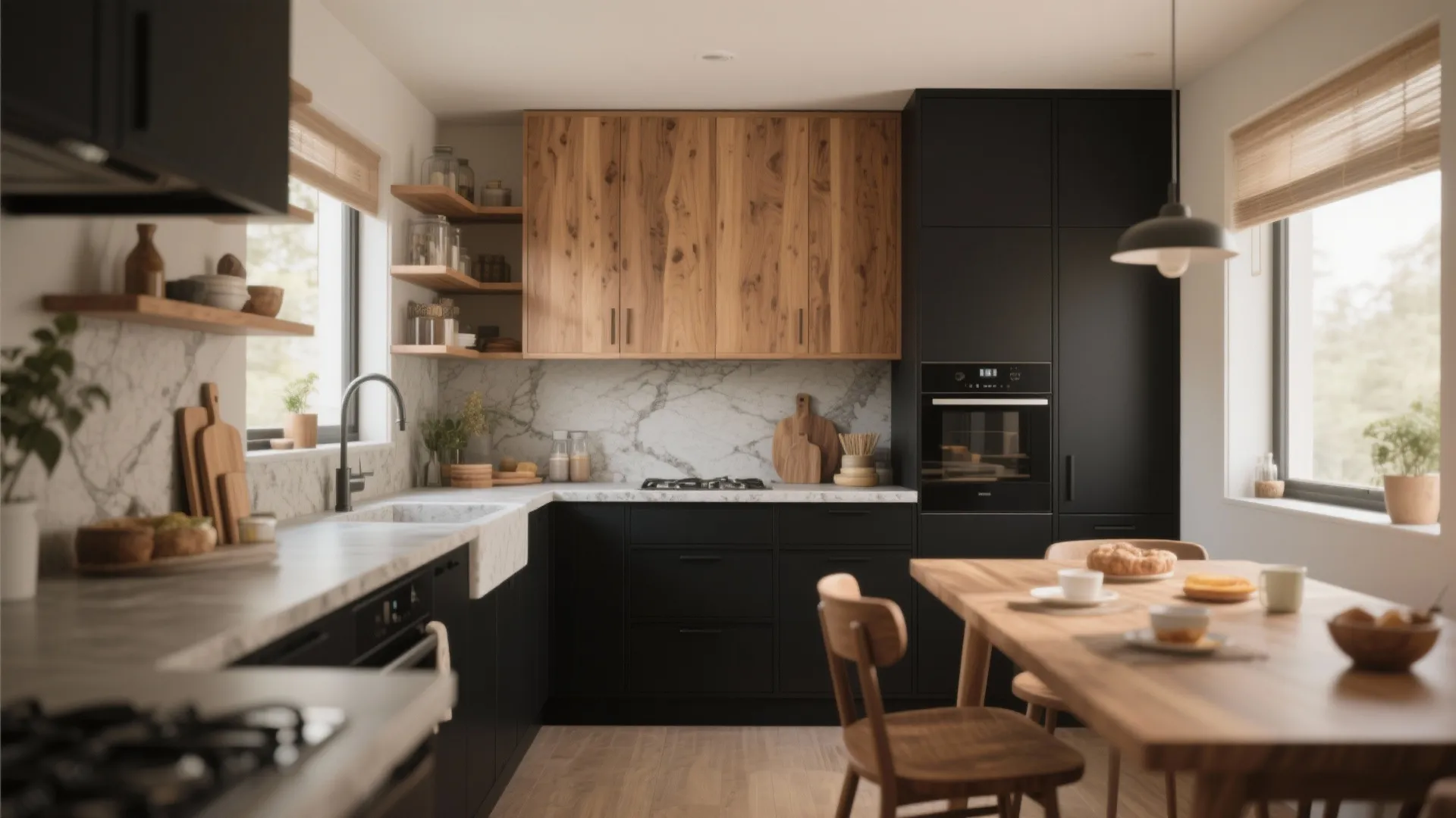 Modern kitchen with black lower cabinets and wood upper cabinets plus marble counters and table