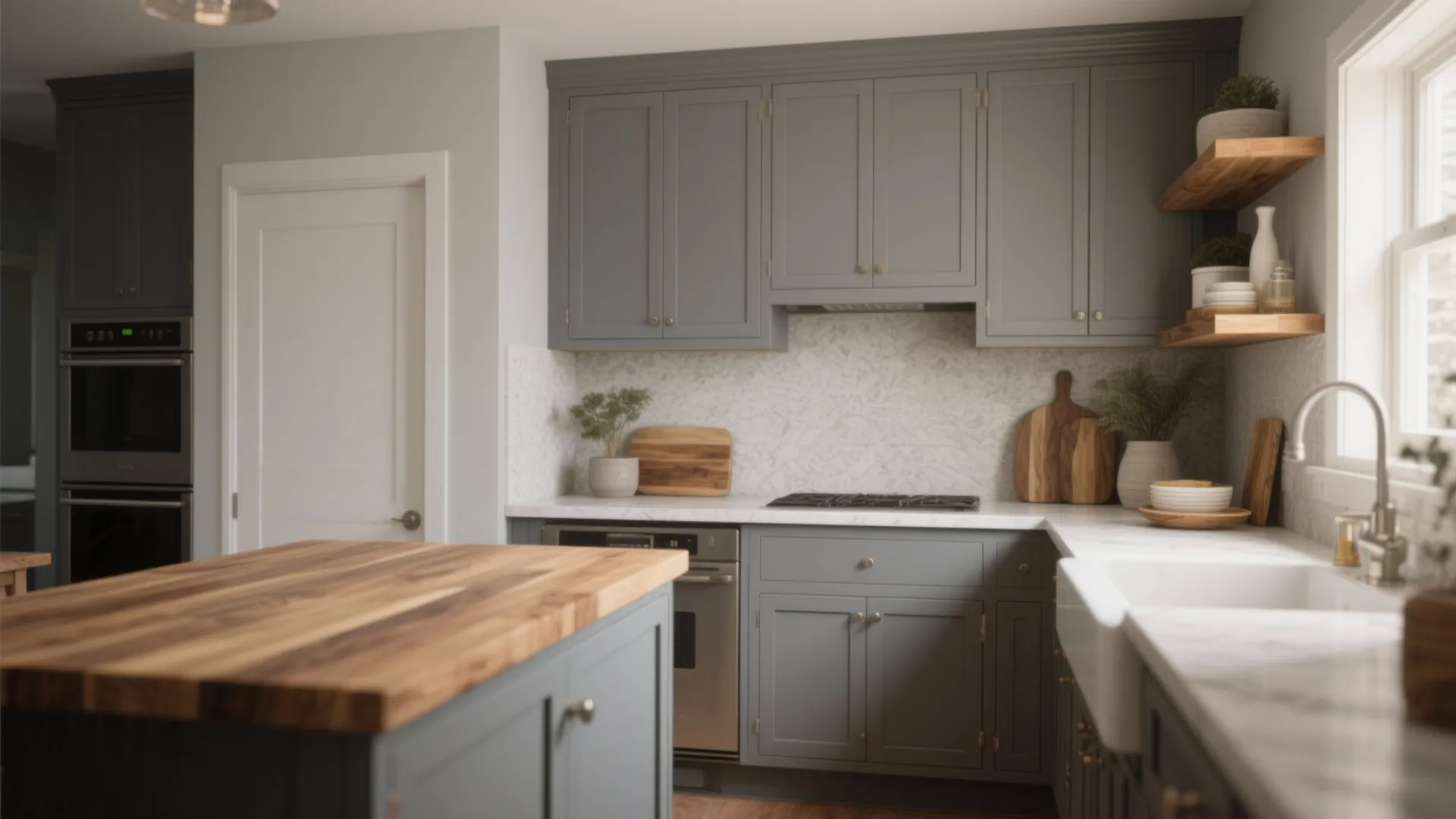 Two-tone grey shaker cabinets with natural wood countertop and floating shelves in a small kitchen