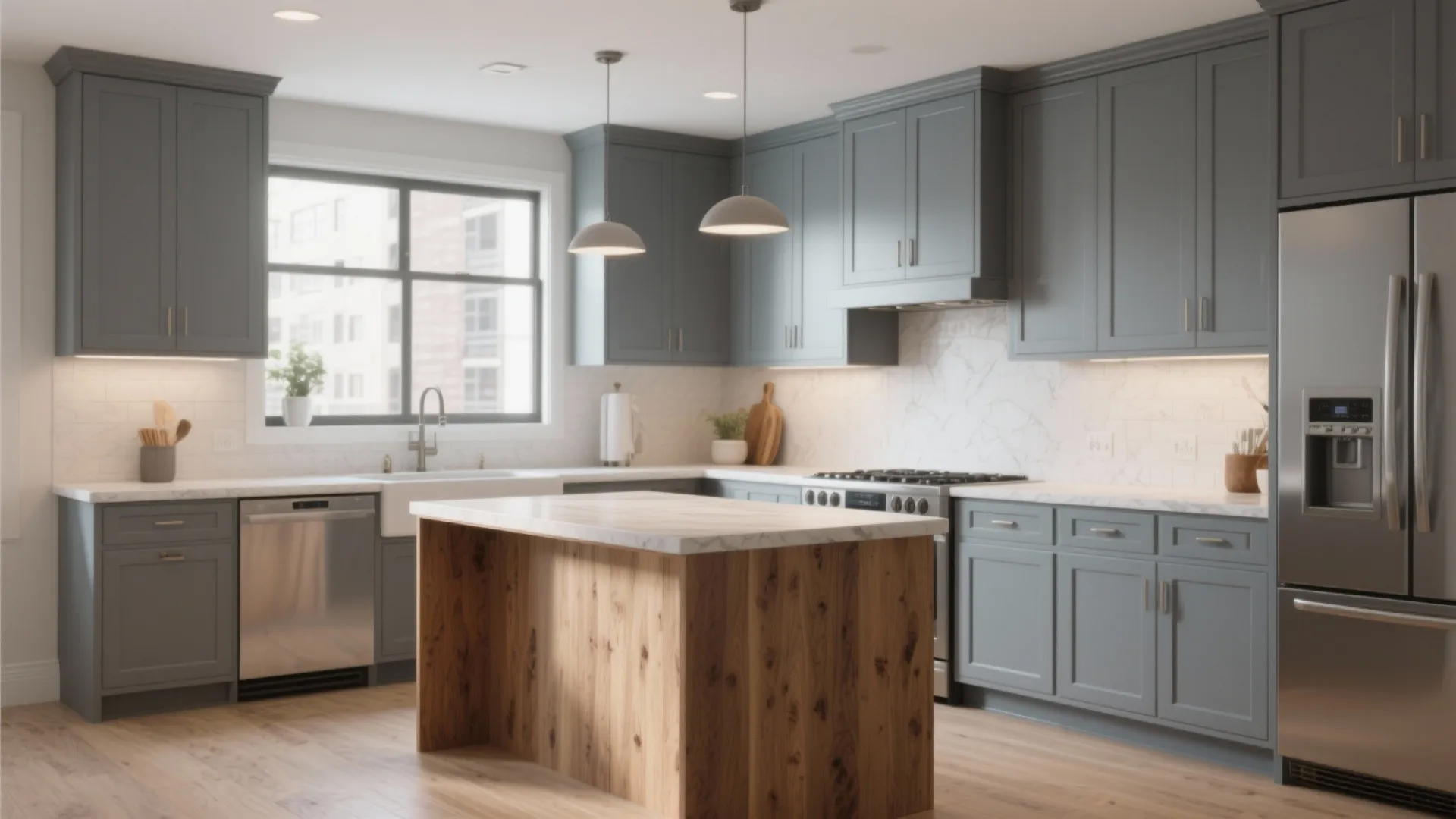 1. Two-tone grey shaker with warm wood island