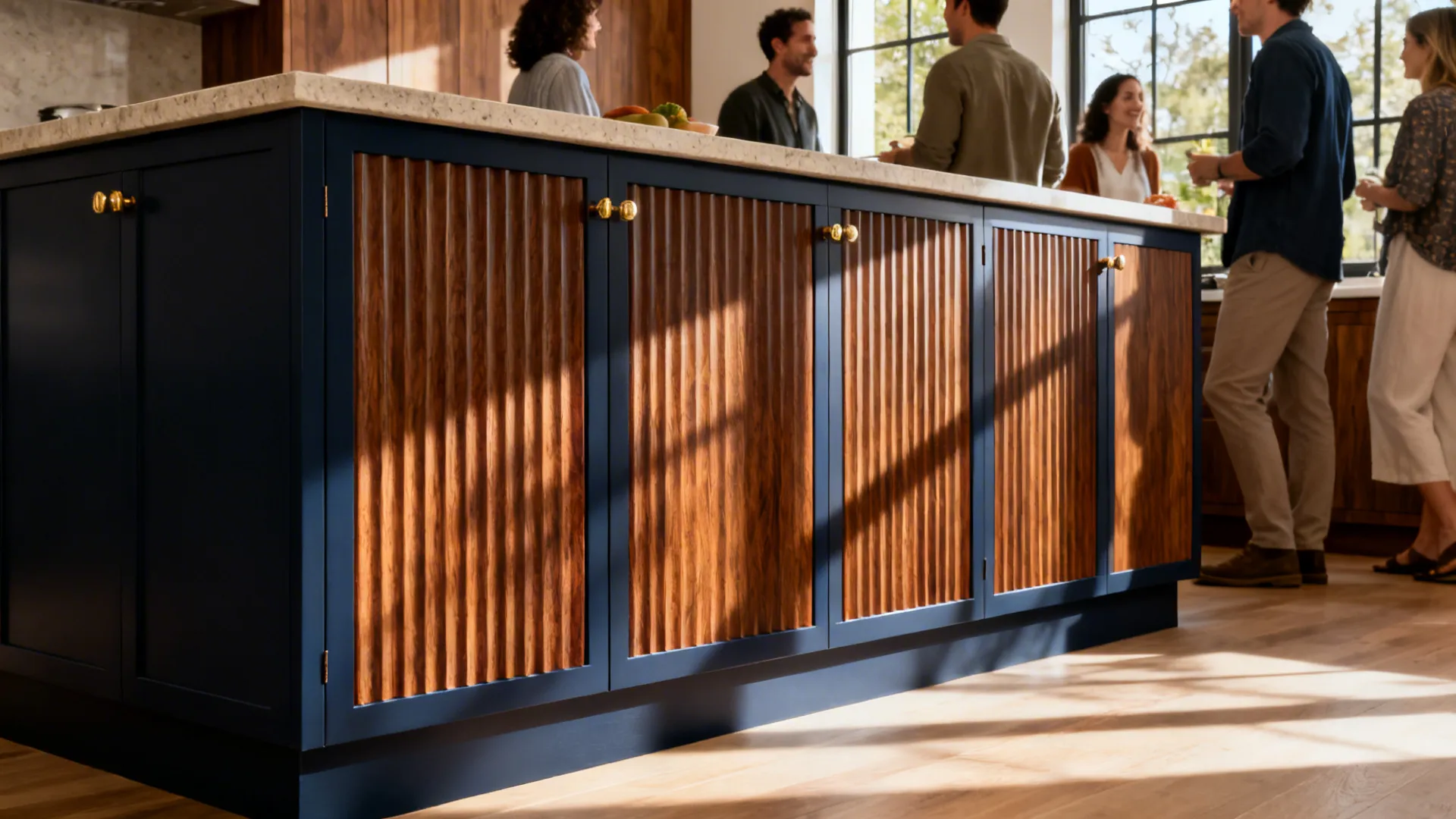 Blue kitchen island with vertical wood wall panels and people standing in a bright kitchen