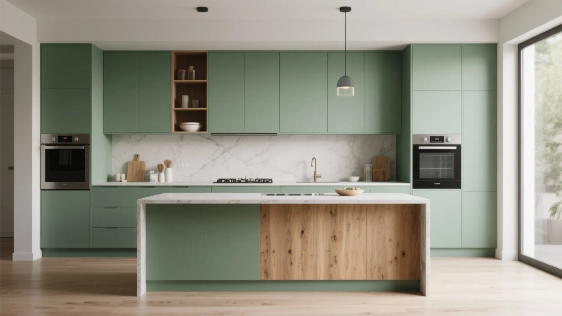 Modern green kitchen with white marble wall panel wood island cabinets ceiling light and built-in oven