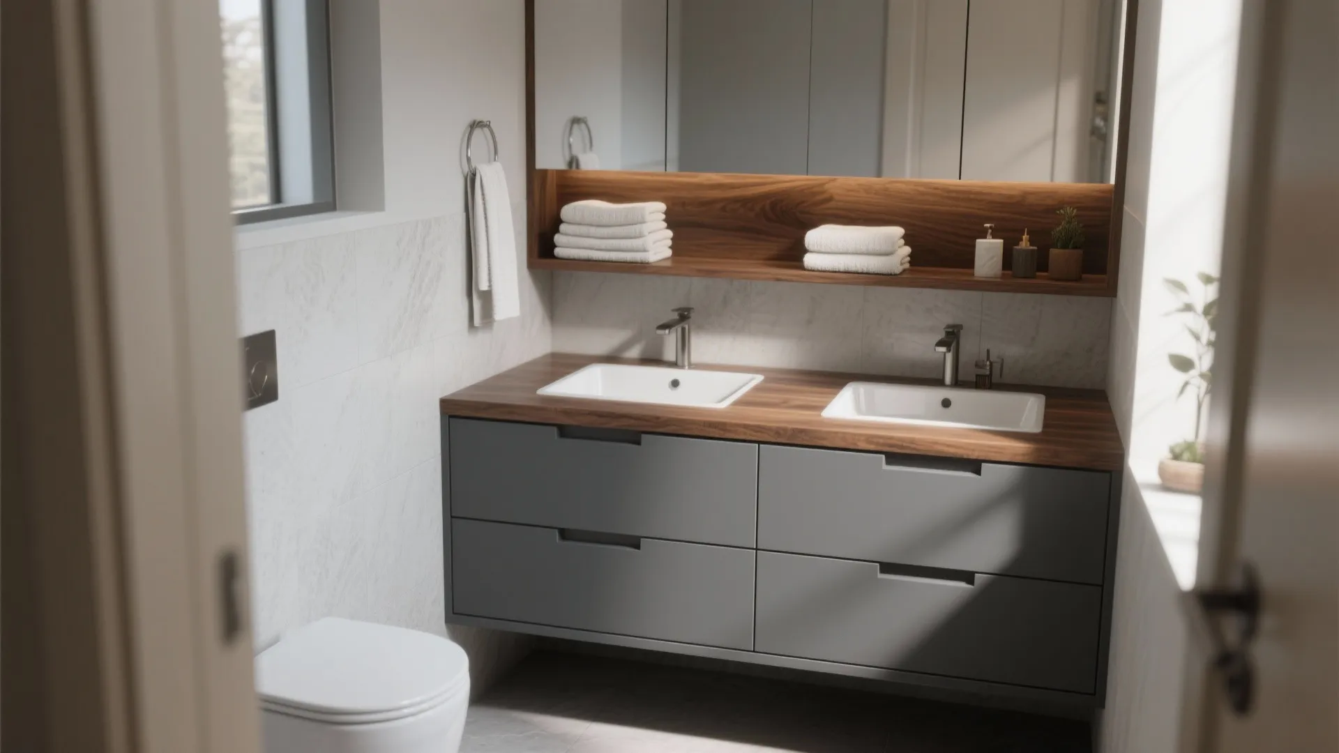 3. Two-tone gray vanity with natural wood top