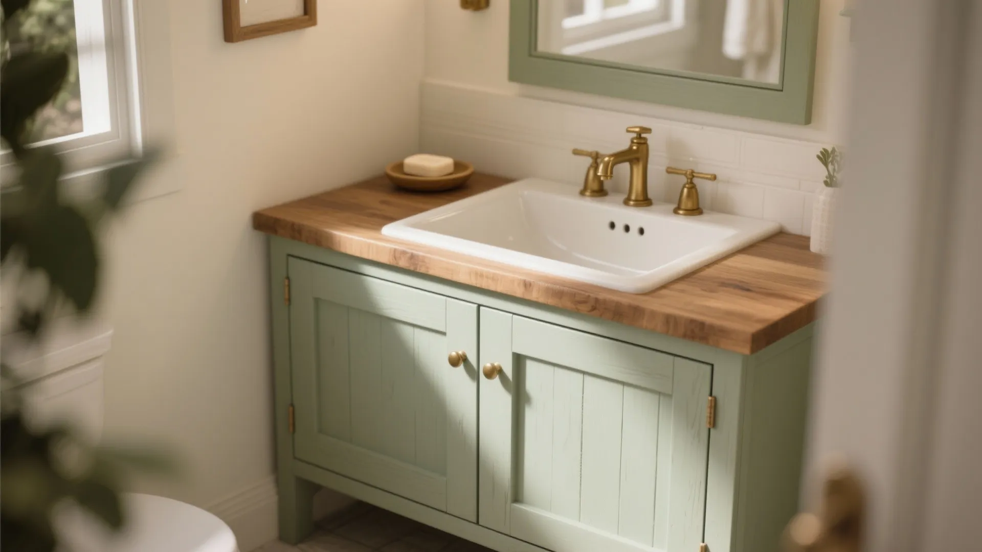 Green bathroom cabinet with a natural wood countertop white sink and golden metal water tap