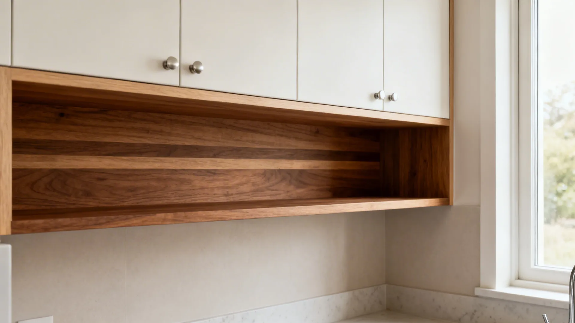 Compact kitchen with off-white uppers, pale oak frames, and a walnut shelf adding warm accents.
