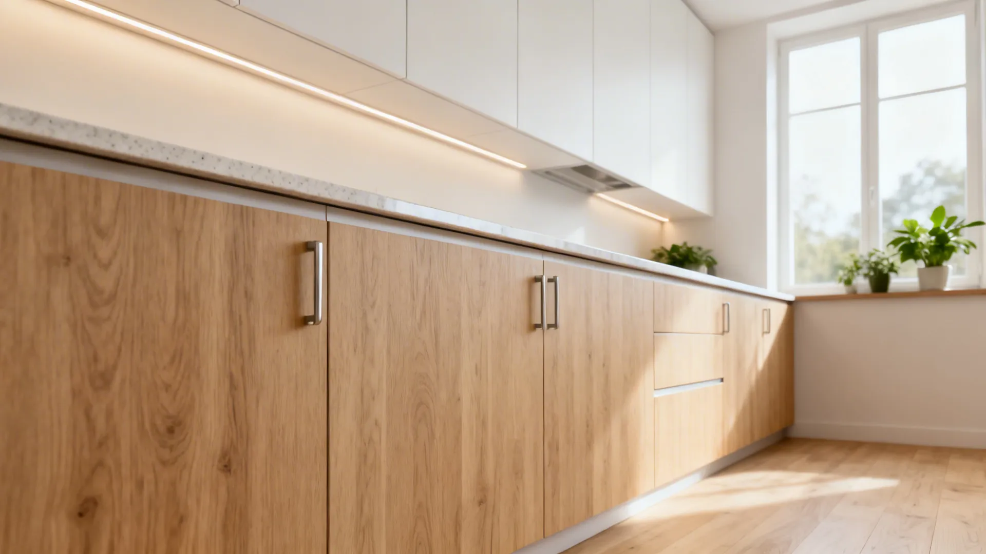 Matte white uppers with light oak laminate lowers in a bright compact kitchen.