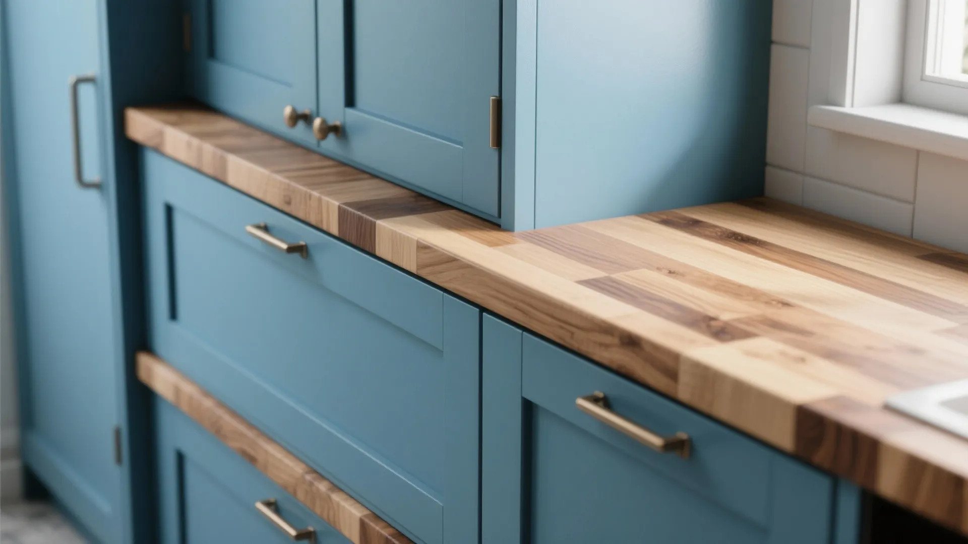 Close up view of blue kitchen cabinets featuring natural wood trim and gold metal handle details