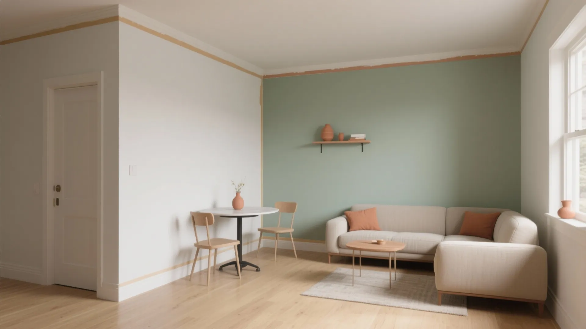 Living room with two tone white and green walls beige sofa and round dining table