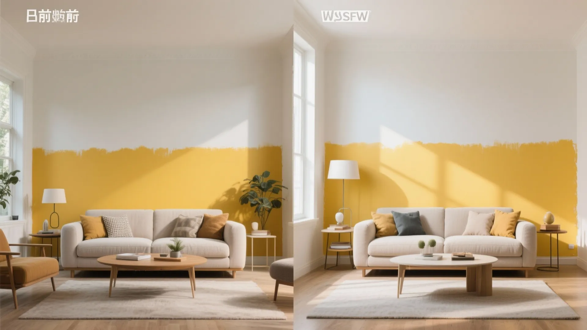 Before and after comparison of a living room with a new yellow and white wall