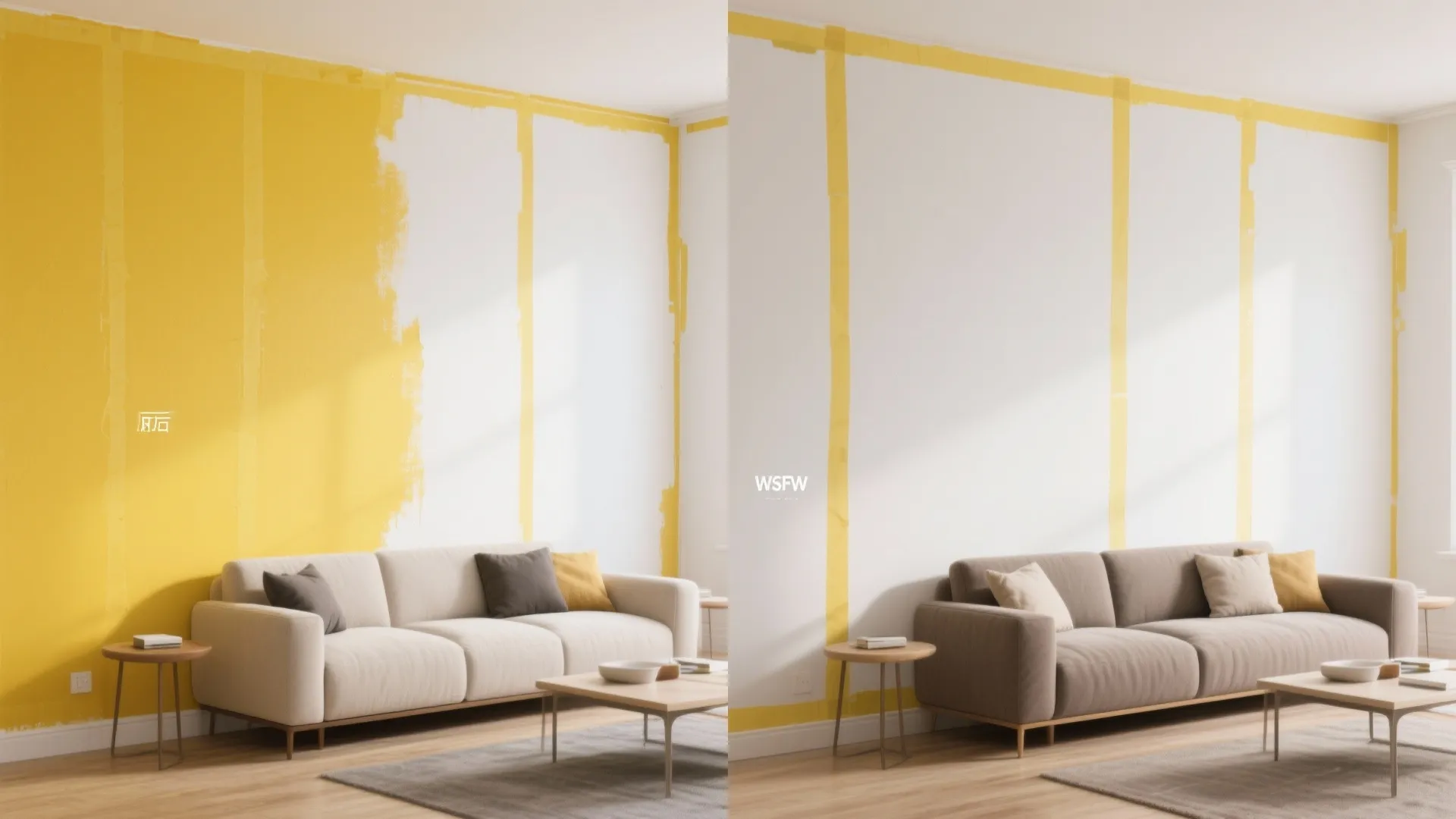 Living room with two-tone yellow and white wall design