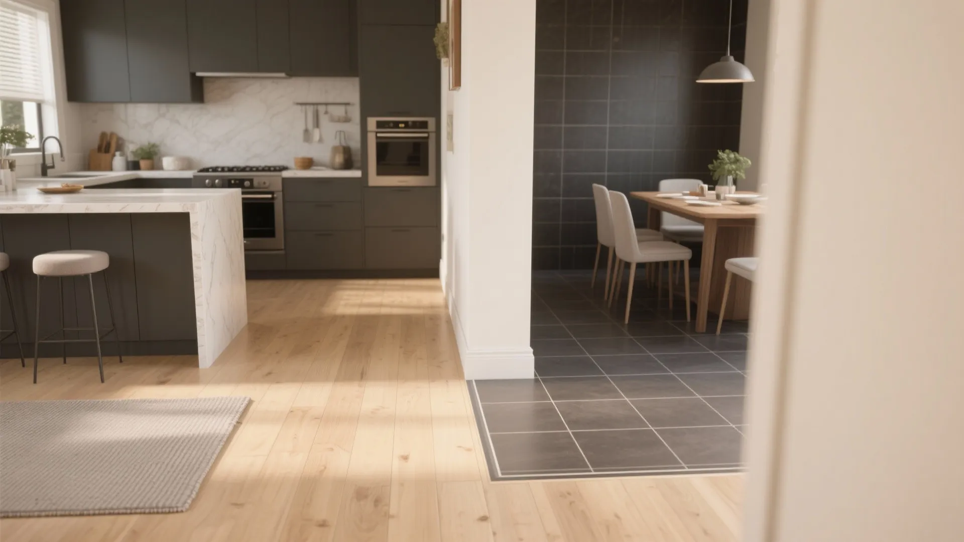 Modern open kitchen and dining area with wood floor dark tiles grey cabinets and breakfast bar