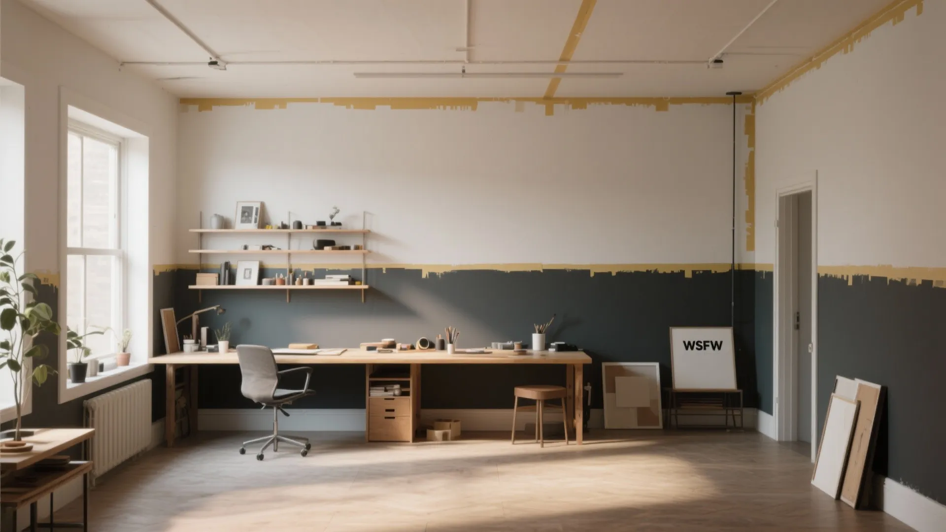 Large home office with two tone grey and white walls featuring long wooden work desk