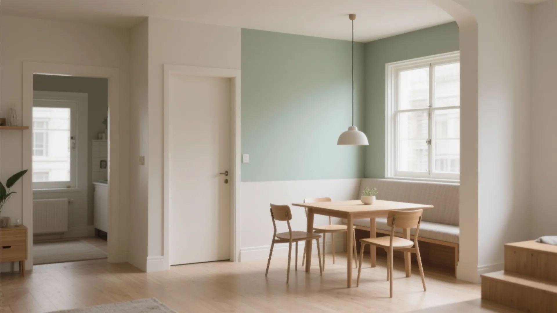 Dining area with wooden table and chairs plus a green and white two tone wall