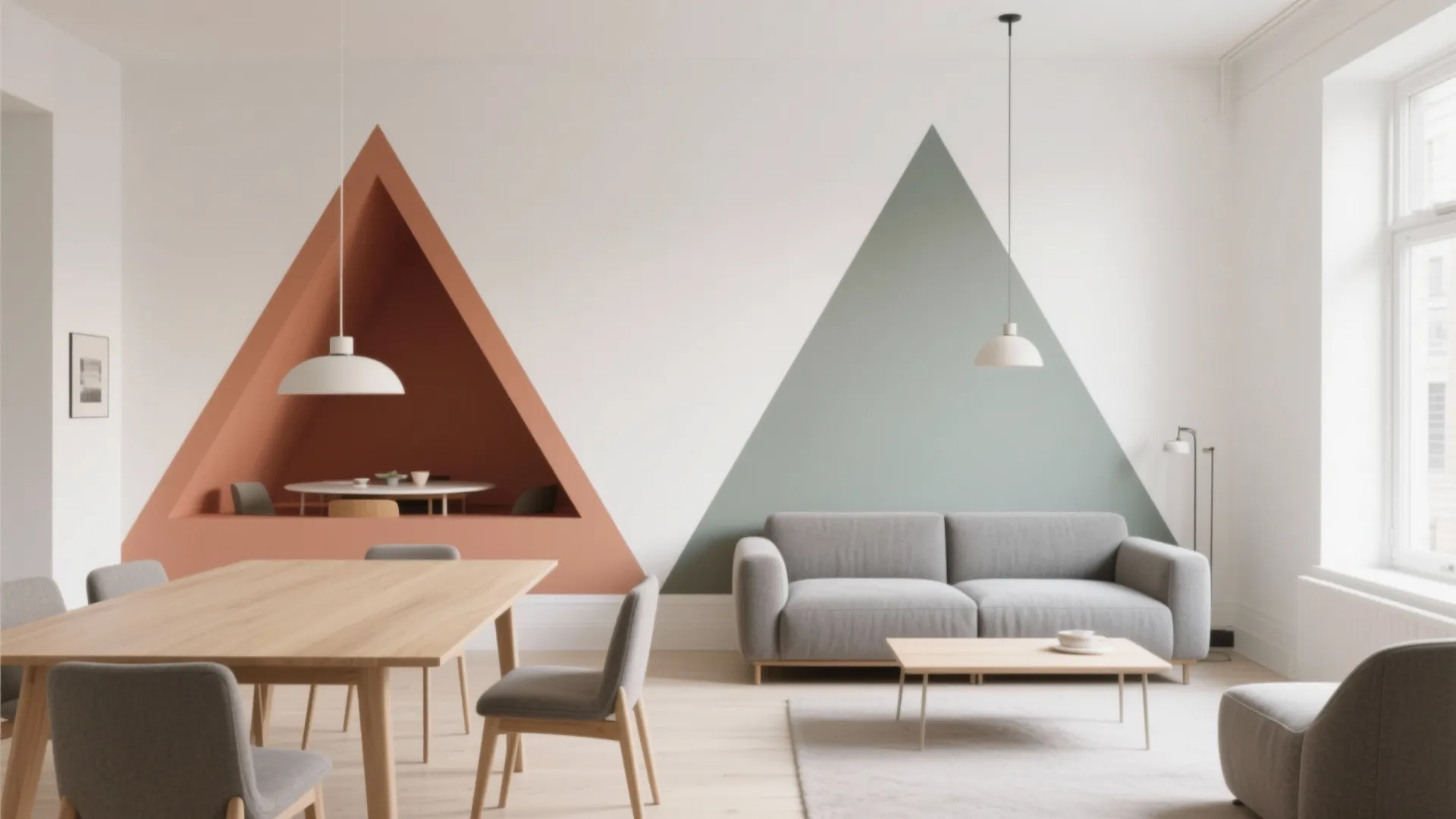 Modern living room with grey sofa and wooden dining table featuring large triangle wall designs