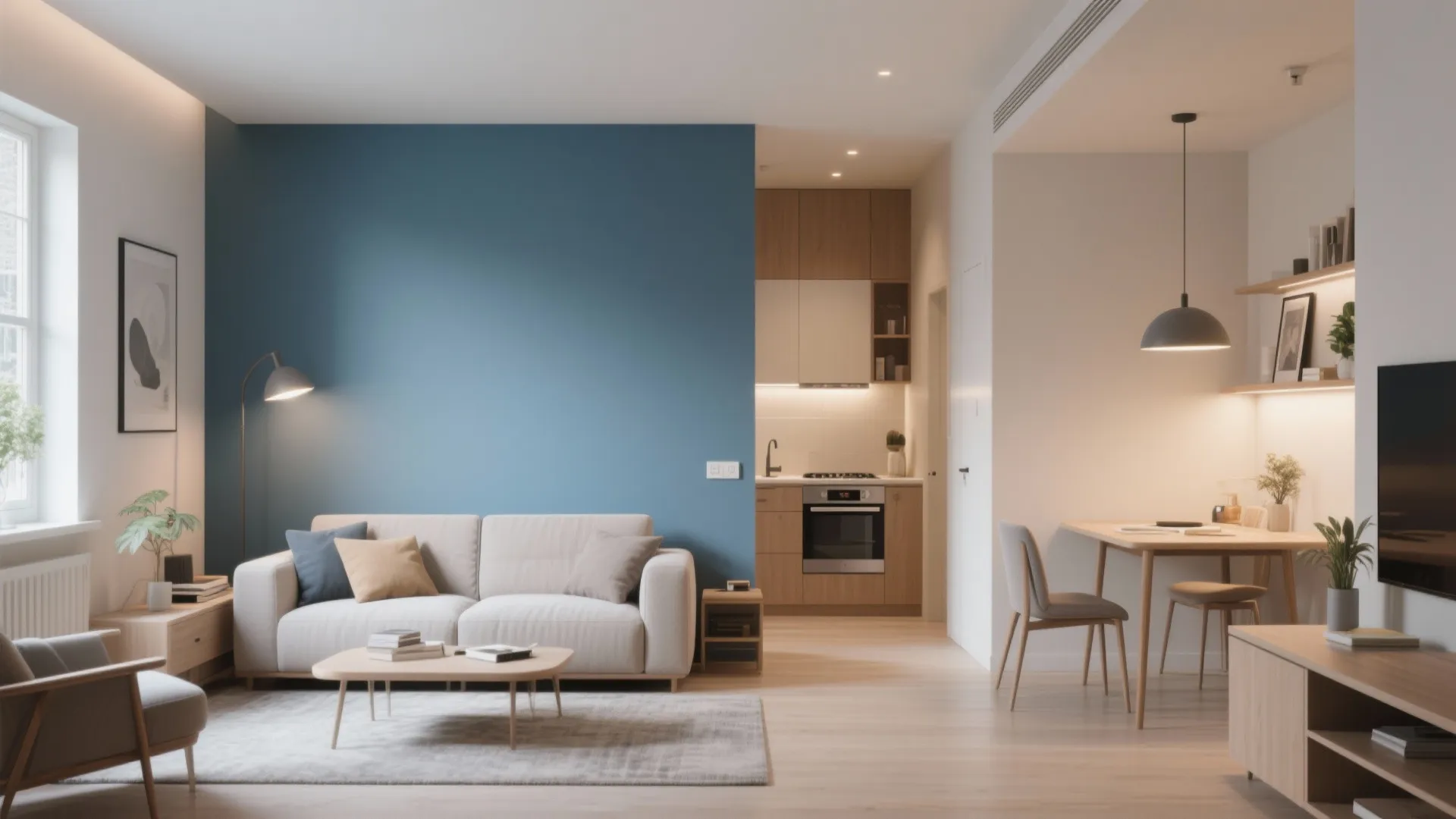 Open plan studio apartment with blue accent wall white sofa wooden table and small kitchen