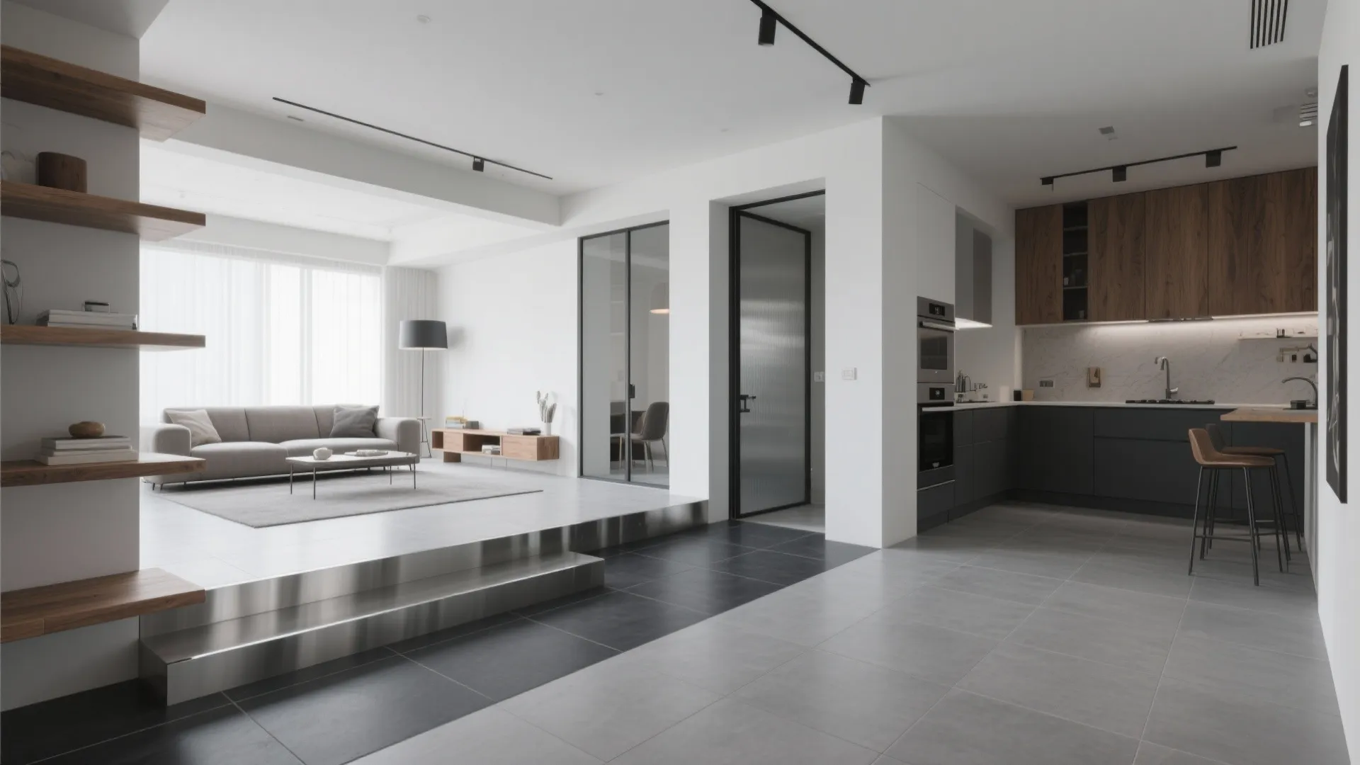 Modern open plan living area and kitchen with grey floor tiles wooden cabinets and comfortable sofa