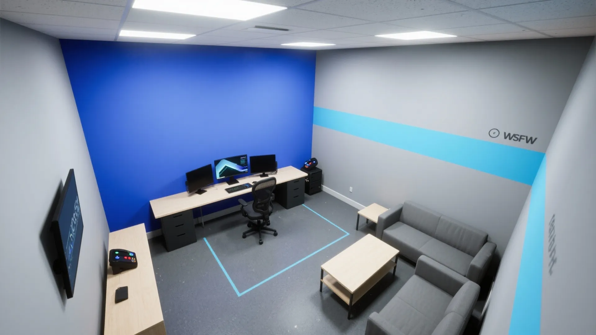 Office room layout with blue wall accent long wooden desk black chair and grey sofa