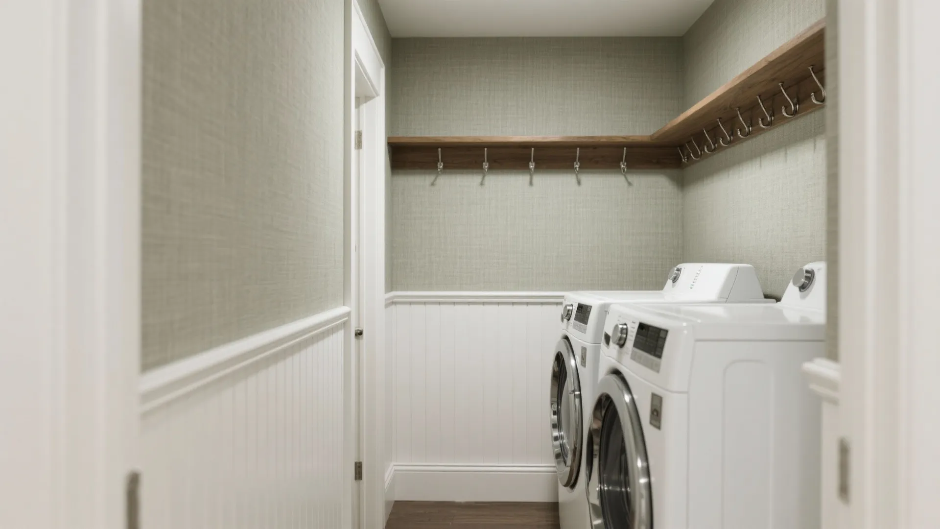 Laundry room with white wall panel green wallpaper wooden shelf and front loading washing machine appliances