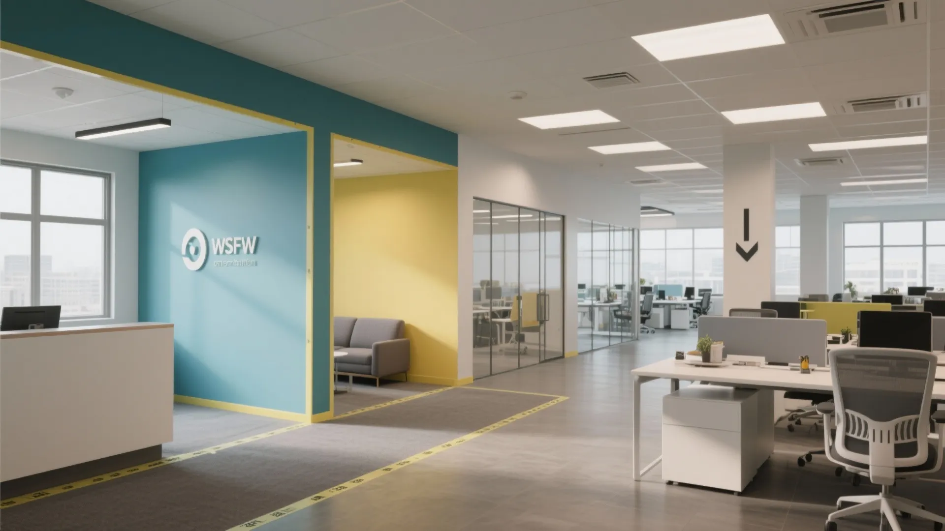 Modern office with blue and yellow walls plus white desks grey chairs and glass walls