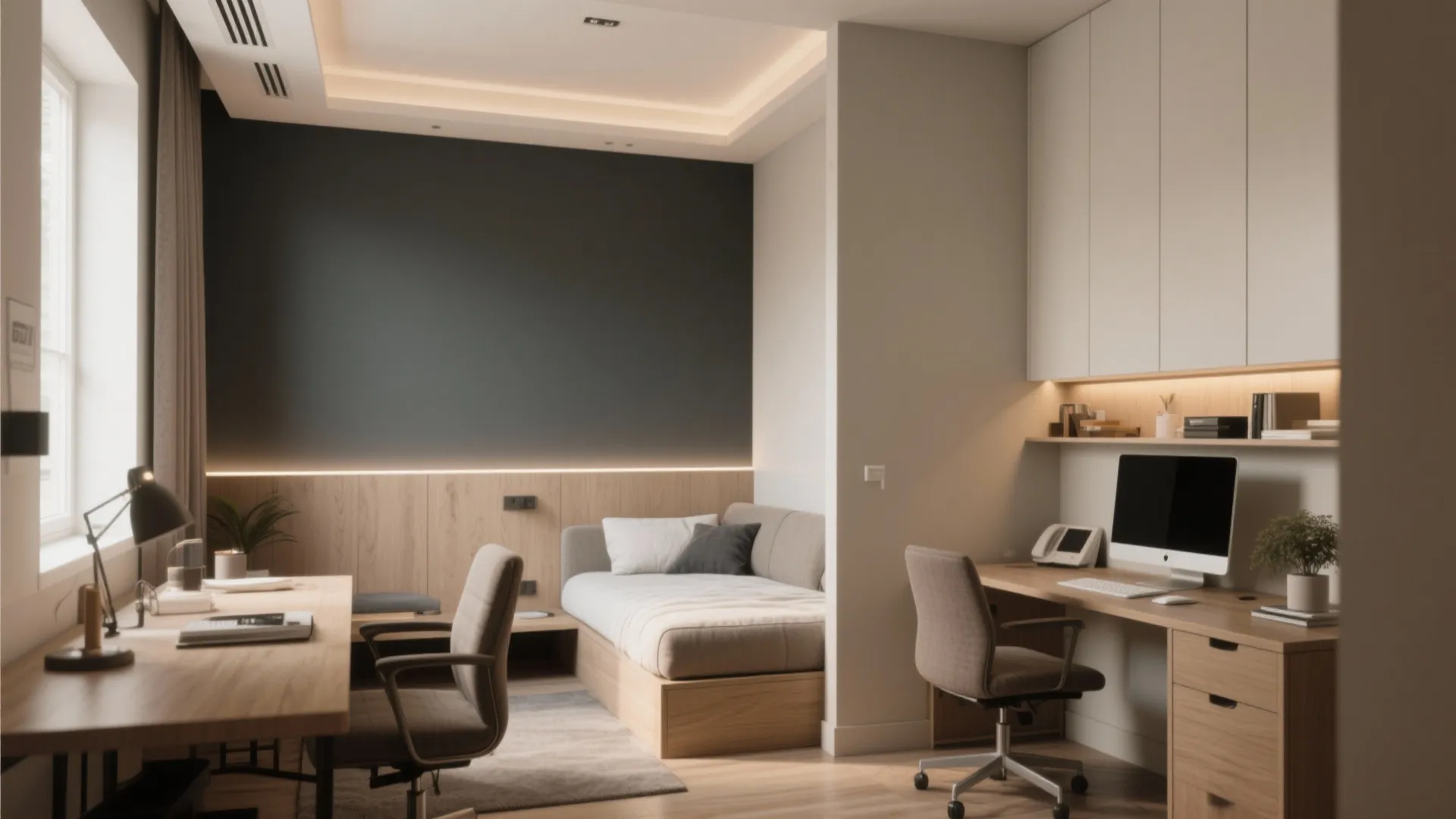 Multi-use small room with two-tone walls, darker lower half and lighter upper half defining office and guest zones.