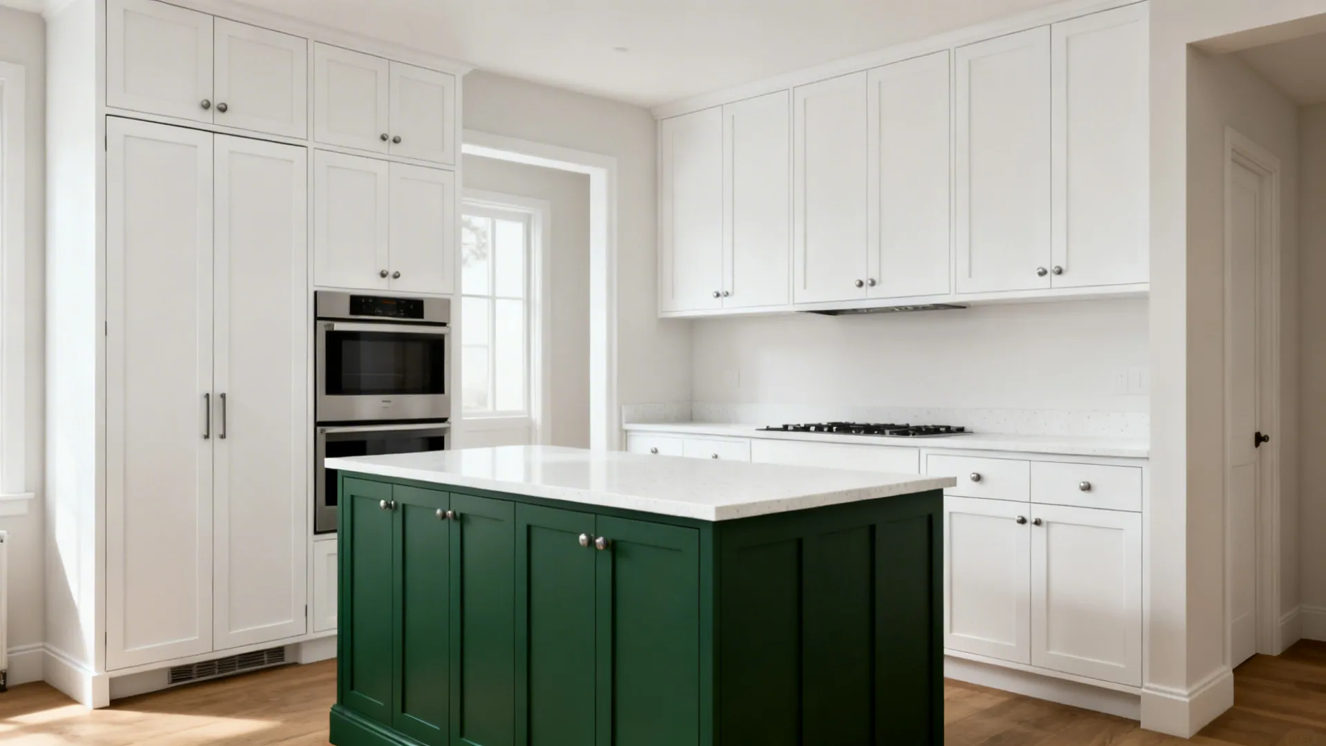 White kitchen cabinets and a dark green island under bright light in a modern home