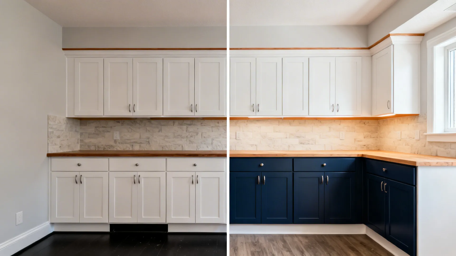 Small kitchen before-and-after showing deep navy lowers and warm white uppers to visually zone the space.