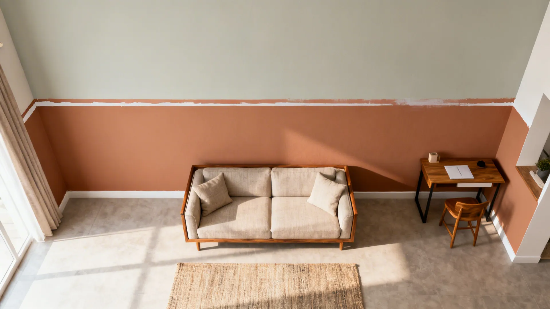Top-down view showing pale greige over cinnamon-clay color blocking to define living and work zones.