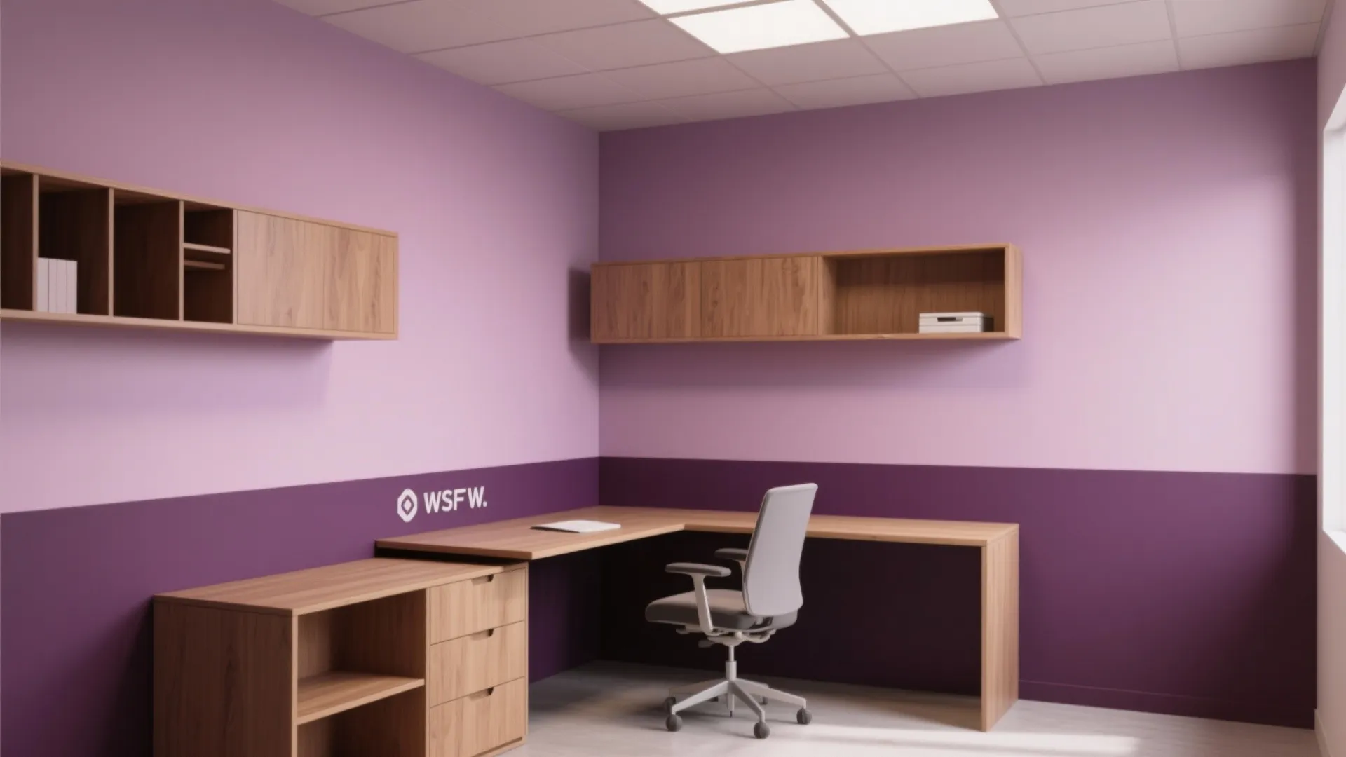 Modern home office with wooden corner desk grey chair purple walls and wall mounted cabinets